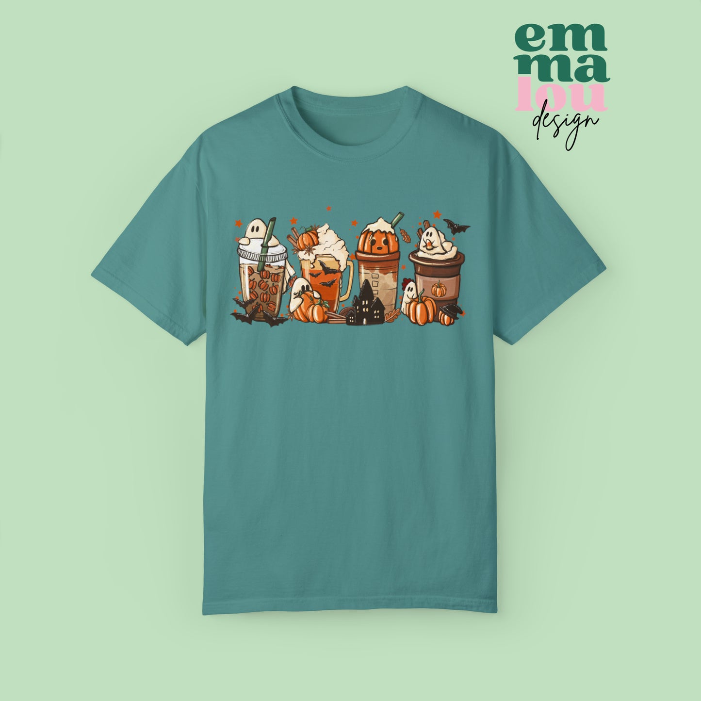 Boo Fall Coffee Latte featuring Ghosts, Bats, and Pumpkins Halloween Comfort Colors Unisex Garment-Dyed T-shirt