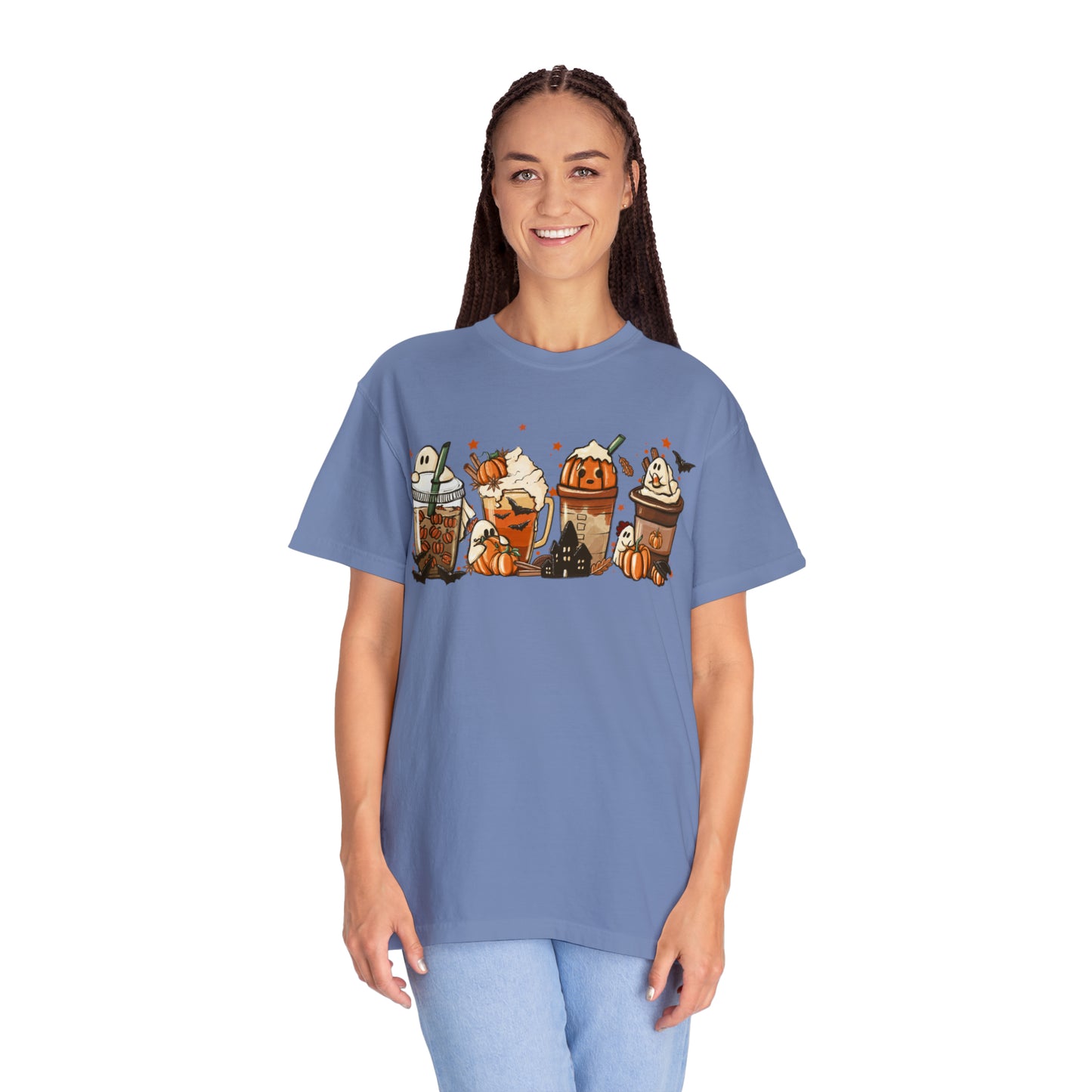 Boo Fall Coffee Latte featuring Ghosts, Bats, and Pumpkins Halloween Comfort Colors Unisex Garment-Dyed T-shirt