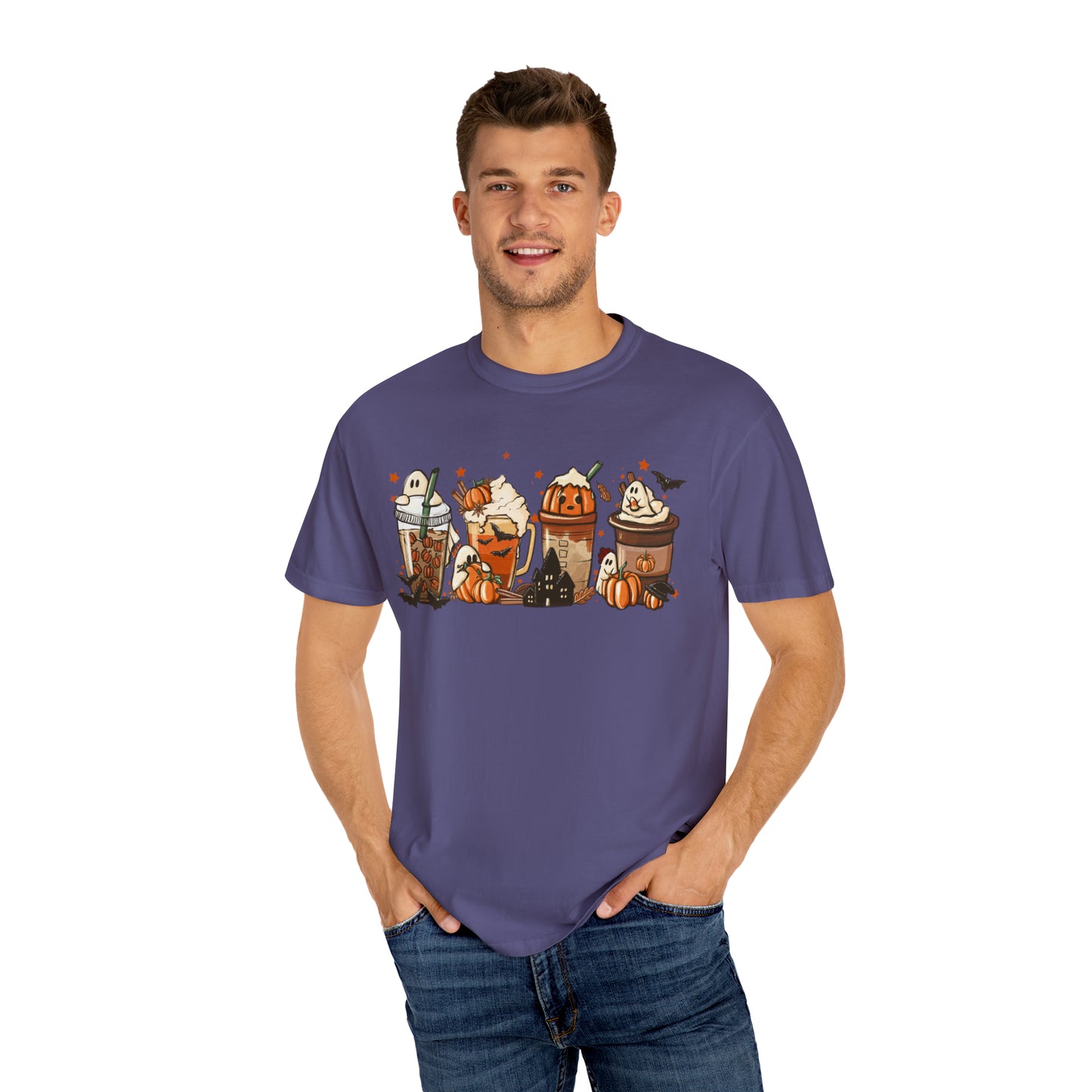 Boo Fall Coffee Latte featuring Ghosts, Bats, and Pumpkins Halloween Comfort Colors Unisex Garment-Dyed T-shirt