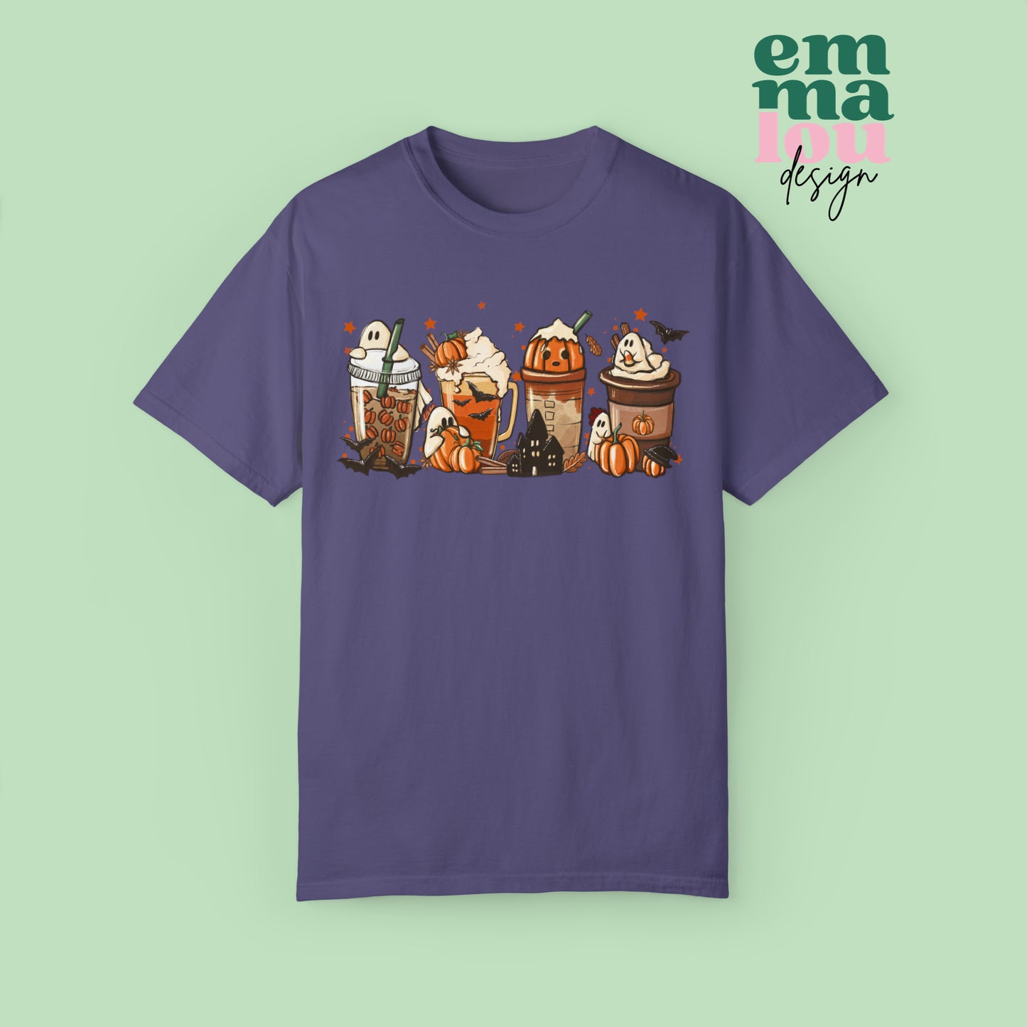 Boo Fall Coffee Latte featuring Ghosts, Bats, and Pumpkins Halloween Comfort Colors Unisex Garment-Dyed T-shirt