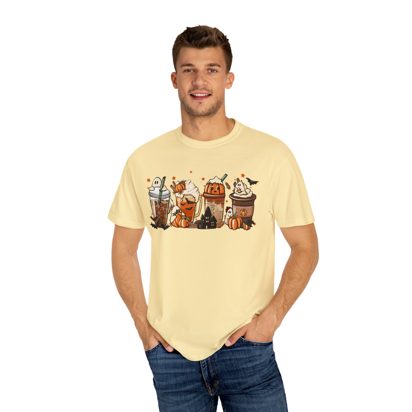 Boo Fall Coffee Latte featuring Ghosts, Bats, and Pumpkins Halloween Comfort Colors Unisex Garment-Dyed T-shirt