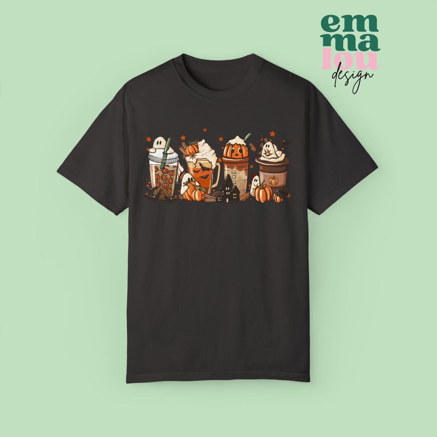 Boo Fall Coffee Latte featuring Ghosts, Bats, and Pumpkins Halloween Comfort Colors Unisex Garment-Dyed T-shirt