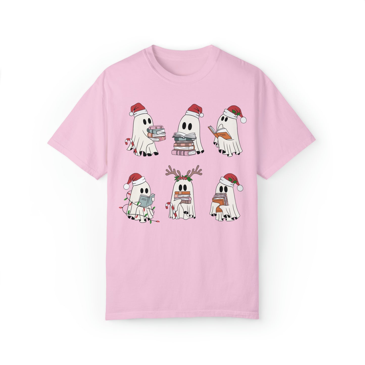 Santa Cute Ghost Reading Christmas Holiday Book Lover Unisex Garment-Dyed T-shirt