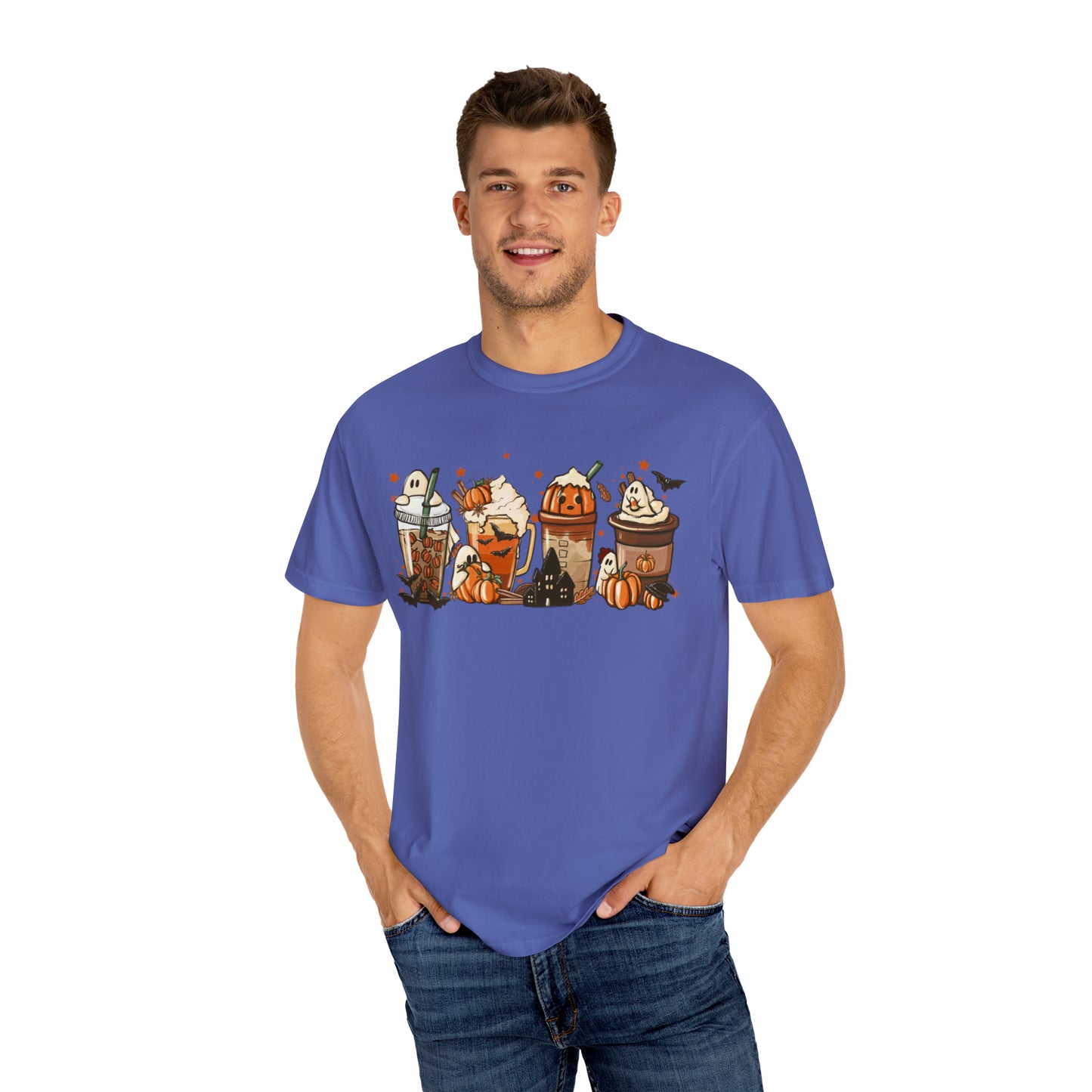 Boo Fall Coffee Latte featuring Ghosts, Bats, and Pumpkins Halloween Comfort Colors Unisex Garment-Dyed T-shirt