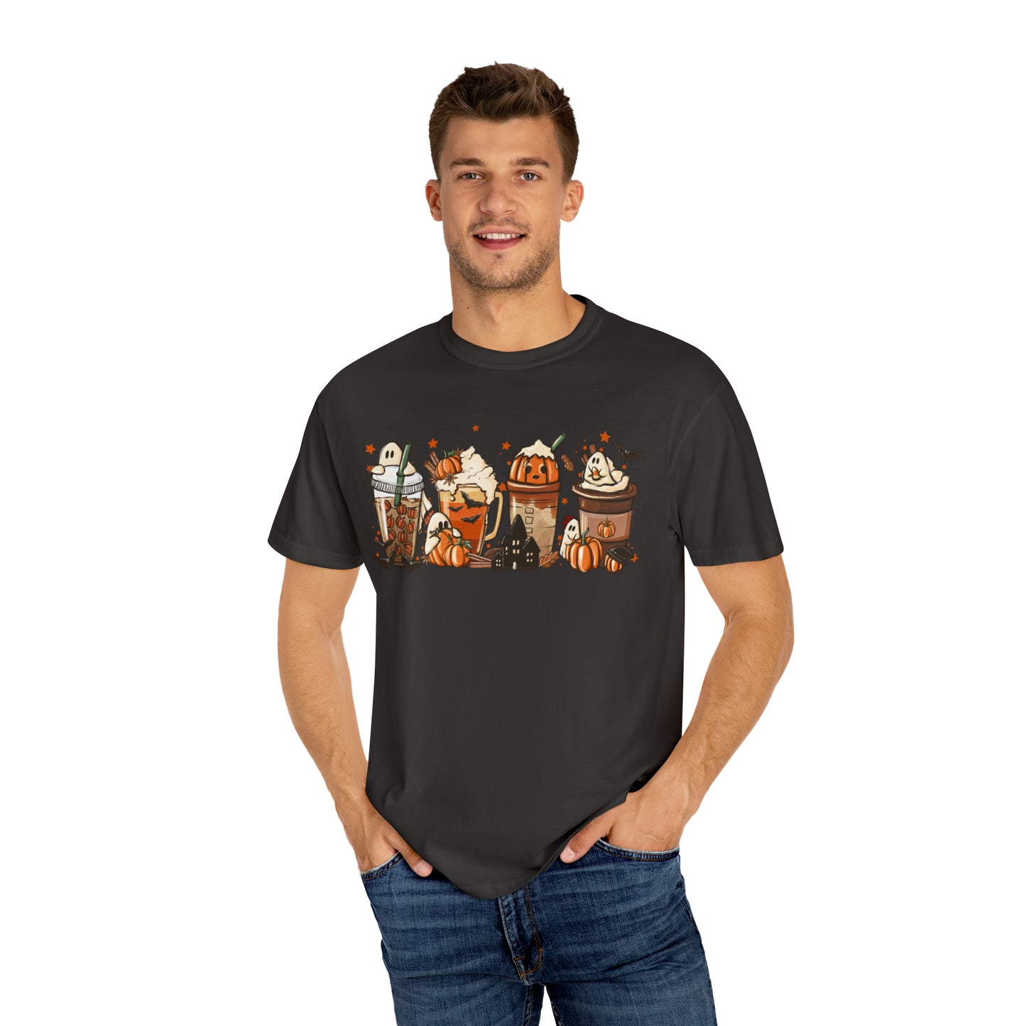 Boo Fall Coffee Latte featuring Ghosts, Bats, and Pumpkins Halloween Comfort Colors Unisex Garment-Dyed T-shirt
