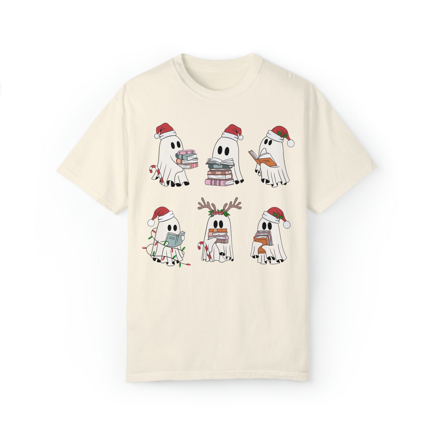 Santa Cute Ghost Reading Christmas Holiday Book Lover Unisex Garment-Dyed T-shirt