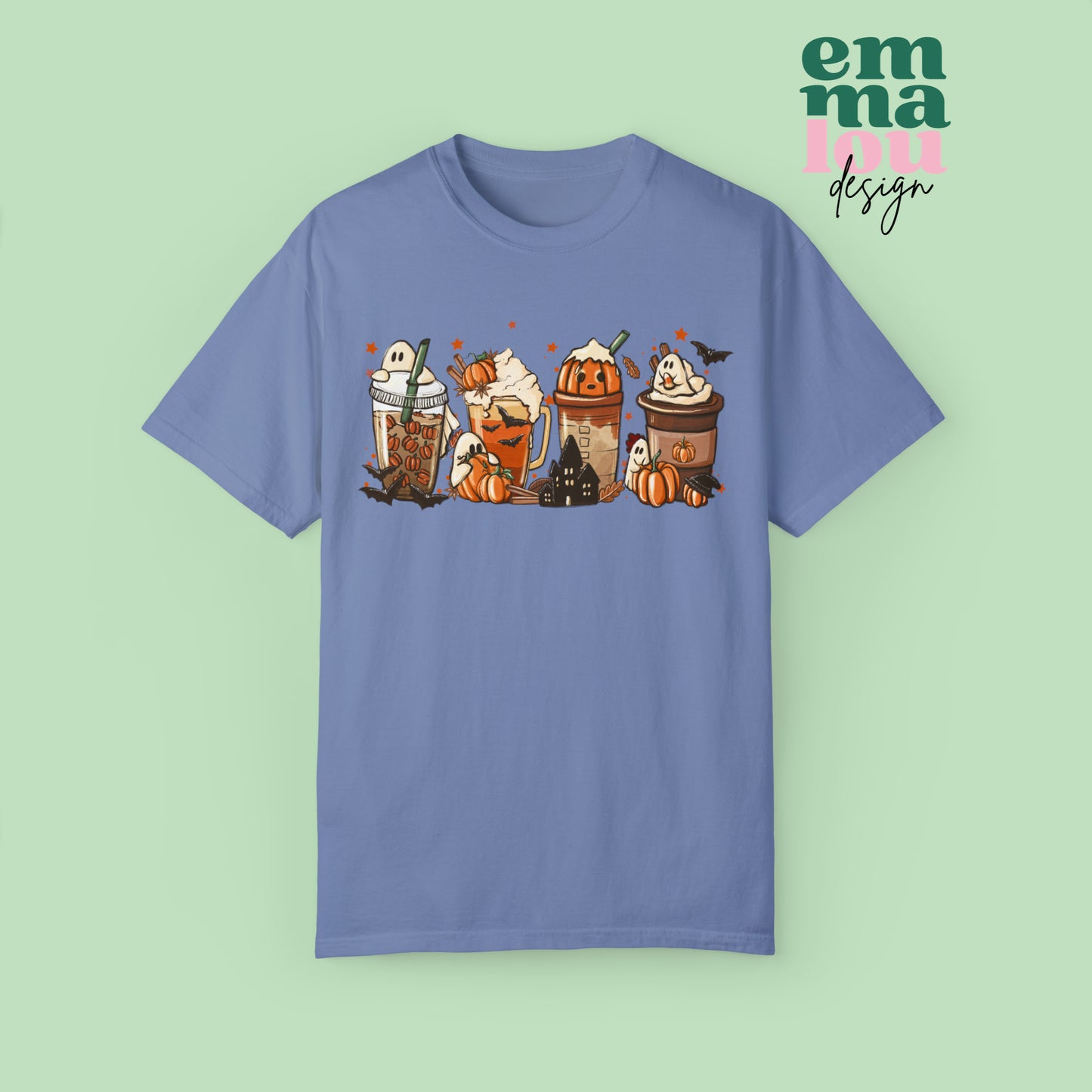 Boo Fall Coffee Latte featuring Ghosts, Bats, and Pumpkins Halloween Comfort Colors Unisex Garment-Dyed T-shirt