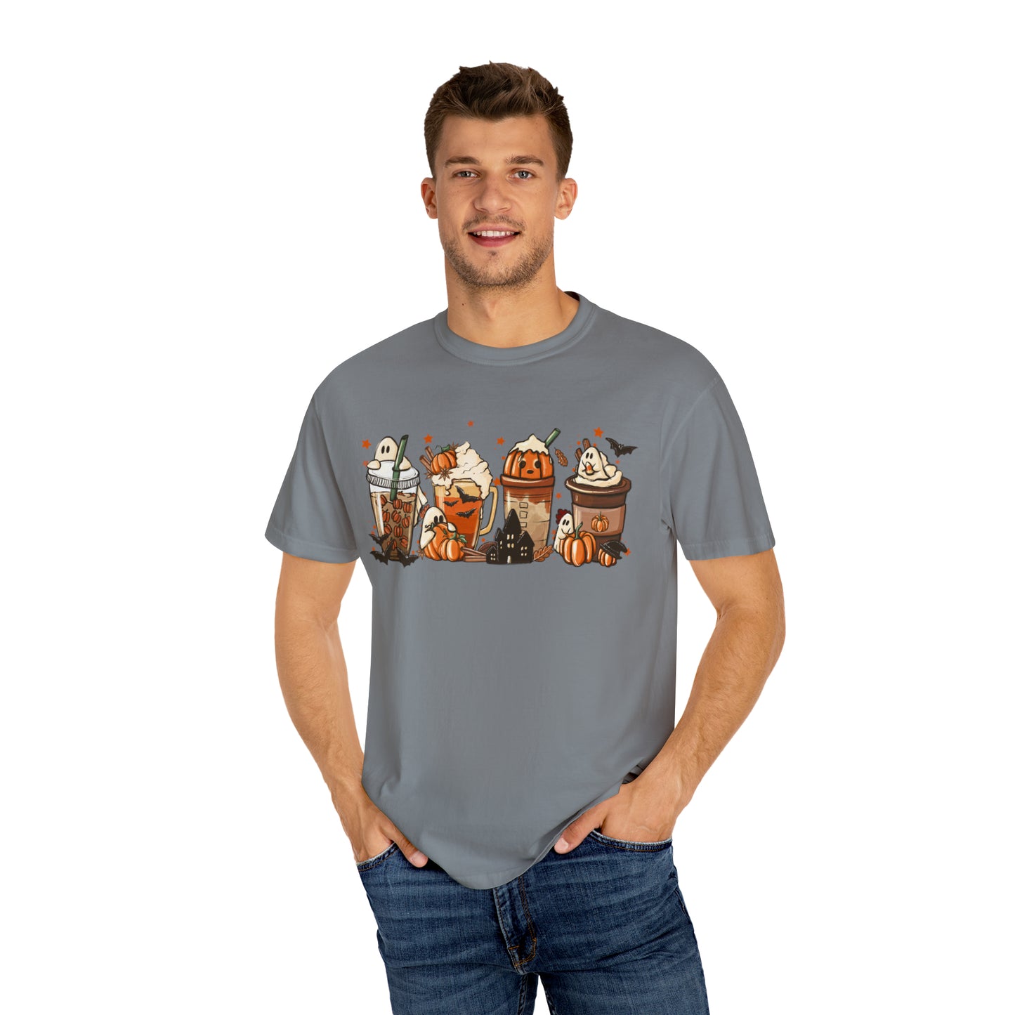 Boo Fall Coffee Latte featuring Ghosts, Bats, and Pumpkins Halloween Comfort Colors Unisex Garment-Dyed T-shirt