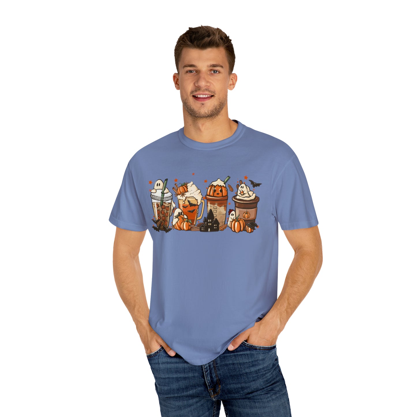 Boo Fall Coffee Latte featuring Ghosts, Bats, and Pumpkins Halloween Comfort Colors Unisex Garment-Dyed T-shirt