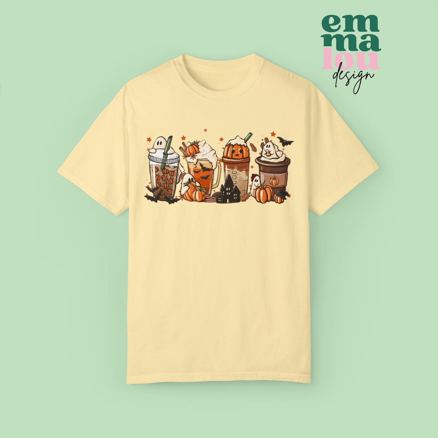 Boo Fall Coffee Latte featuring Ghosts, Bats, and Pumpkins Halloween Comfort Colors Unisex Garment-Dyed T-shirt