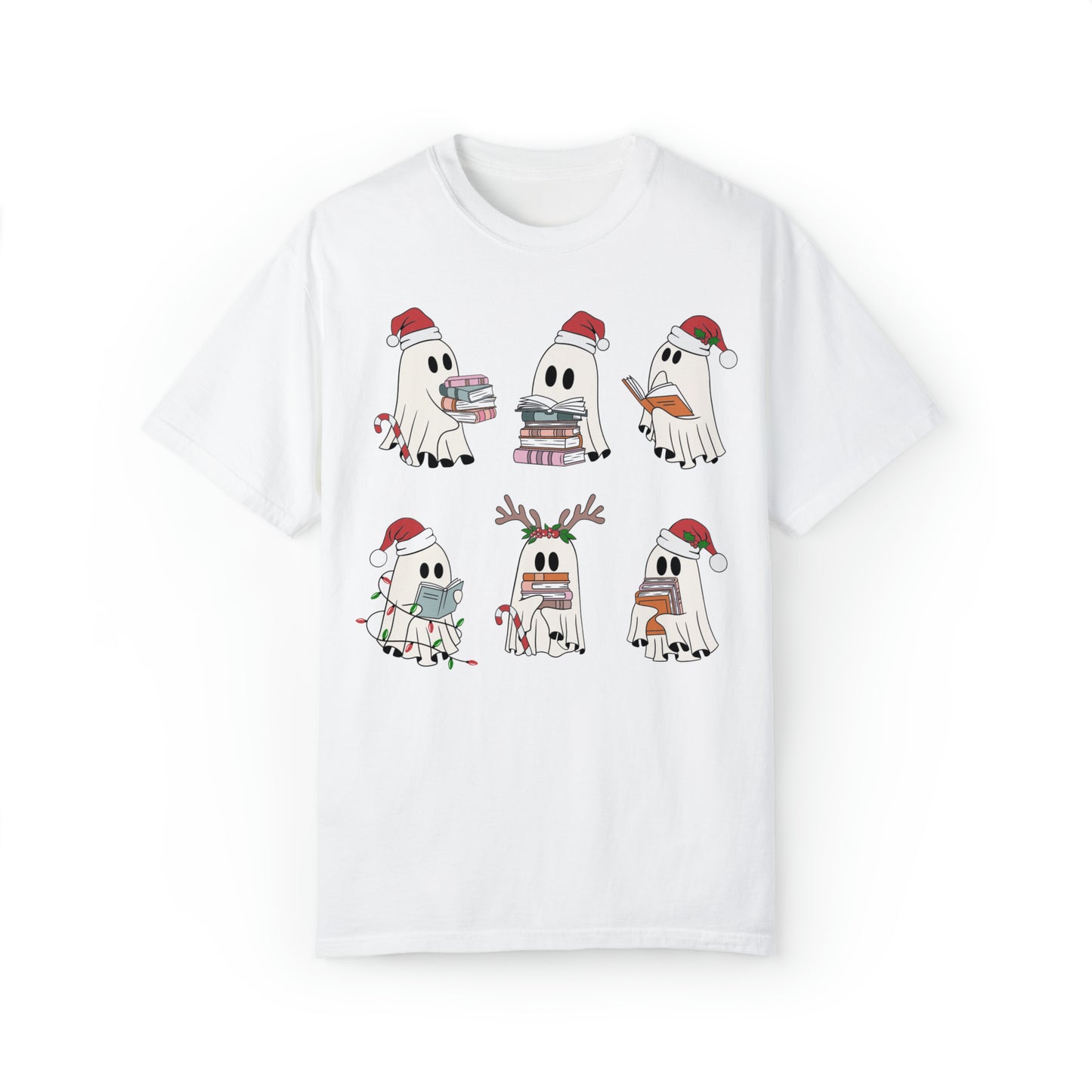 Santa Cute Ghost Reading Christmas Holiday Book Lover Unisex Garment-Dyed T-shirt
