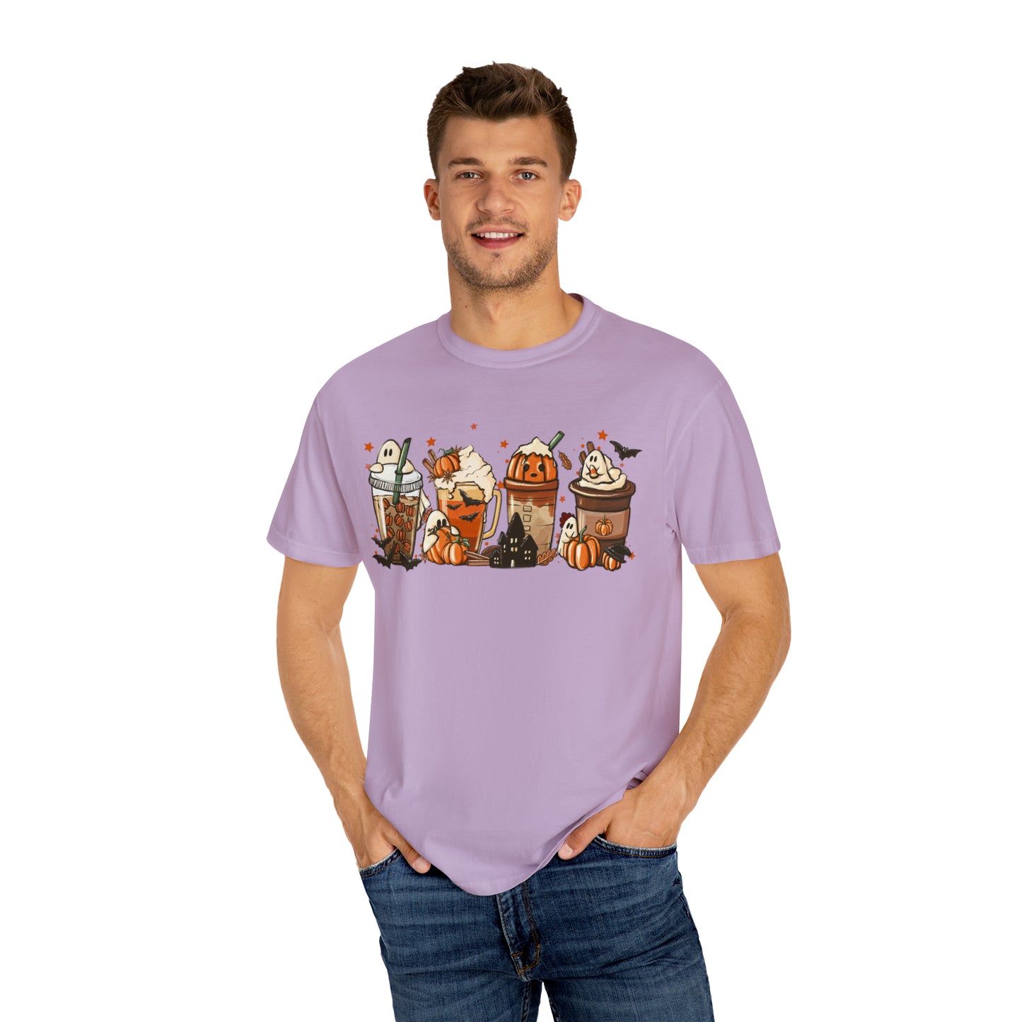 Boo Fall Coffee Latte featuring Ghosts, Bats, and Pumpkins Halloween Comfort Colors Unisex Garment-Dyed T-shirt