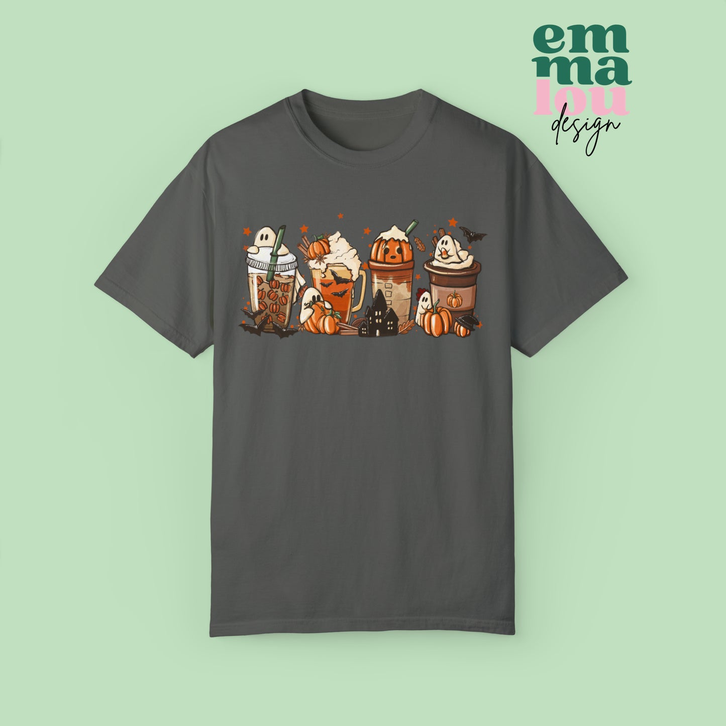 Boo Fall Coffee Latte featuring Ghosts, Bats, and Pumpkins Halloween Comfort Colors Unisex Garment-Dyed T-shirt
