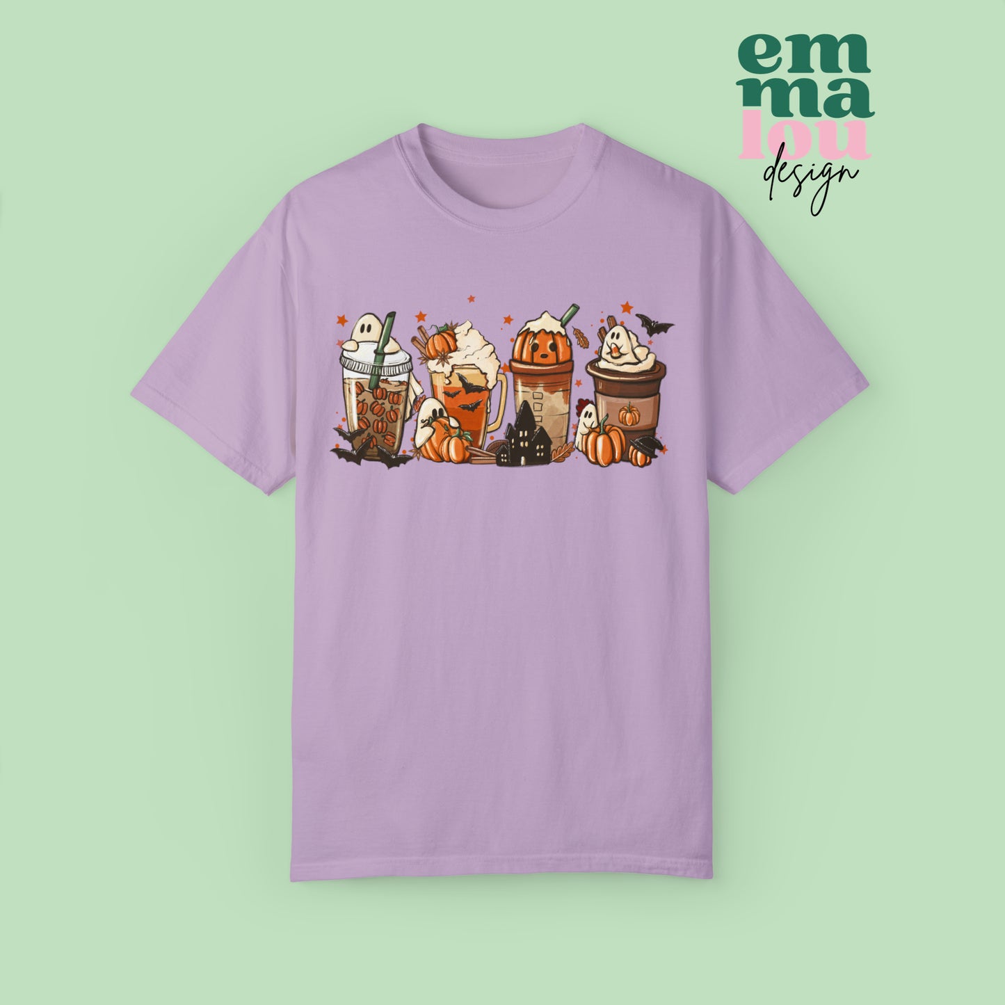 Boo Fall Coffee Latte featuring Ghosts, Bats, and Pumpkins Halloween Comfort Colors Unisex Garment-Dyed T-shirt