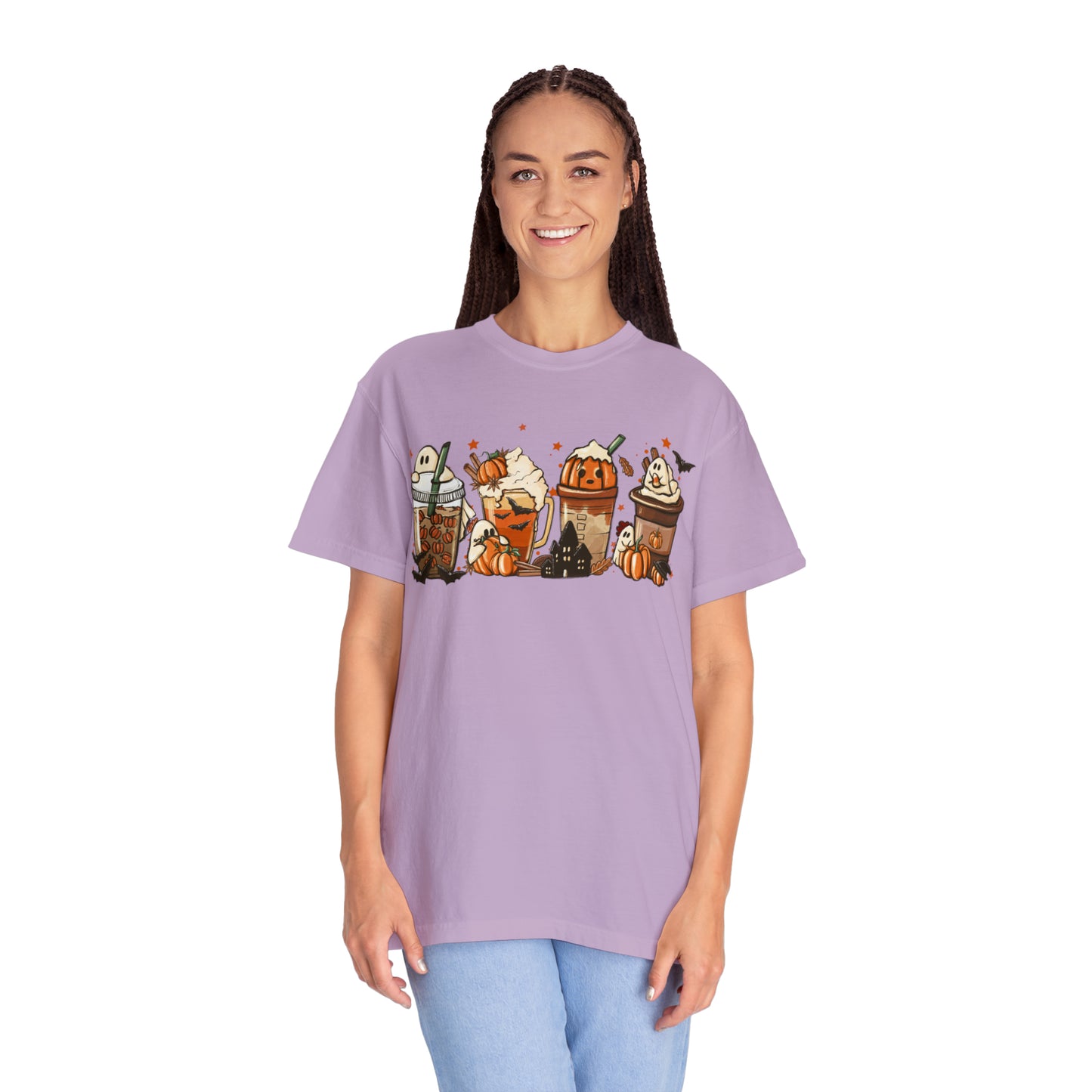 Boo Fall Coffee Latte featuring Ghosts, Bats, and Pumpkins Halloween Comfort Colors Unisex Garment-Dyed T-shirt