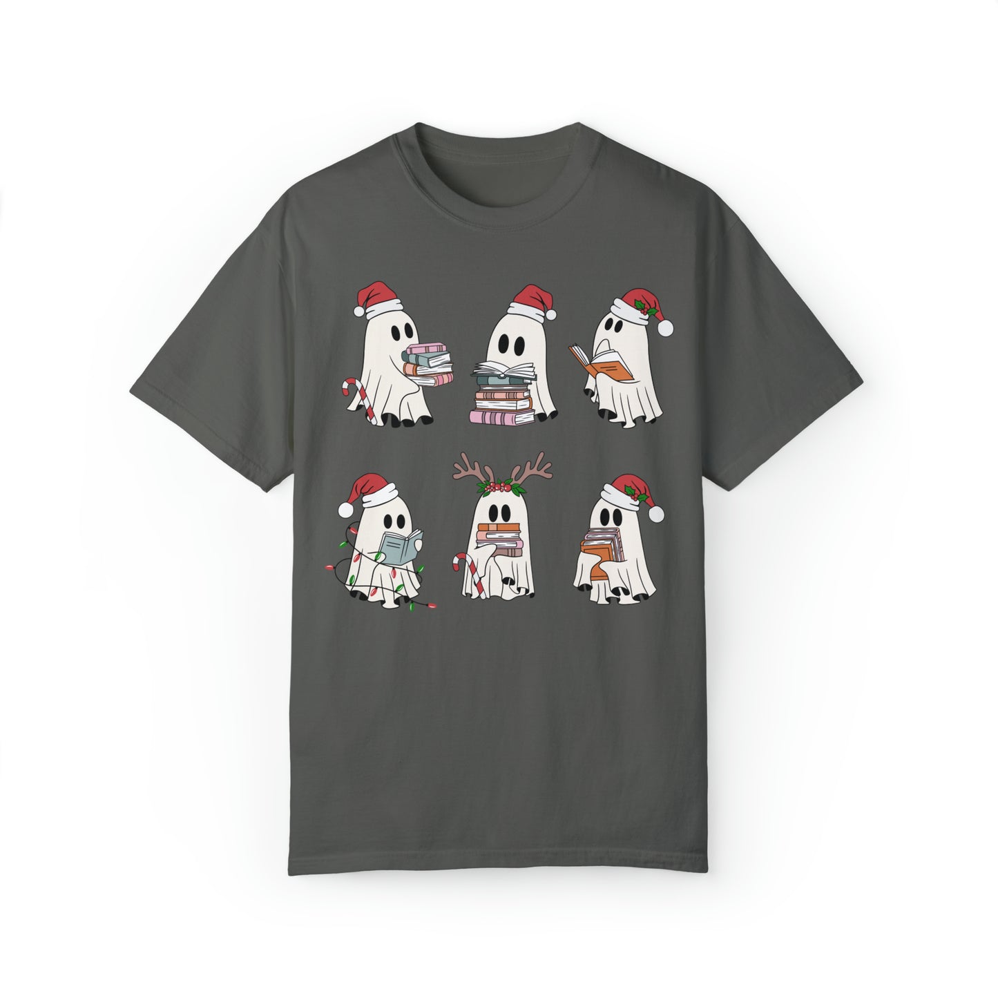 Santa Cute Ghost Reading Christmas Holiday Book Lover Unisex Garment-Dyed T-shirt