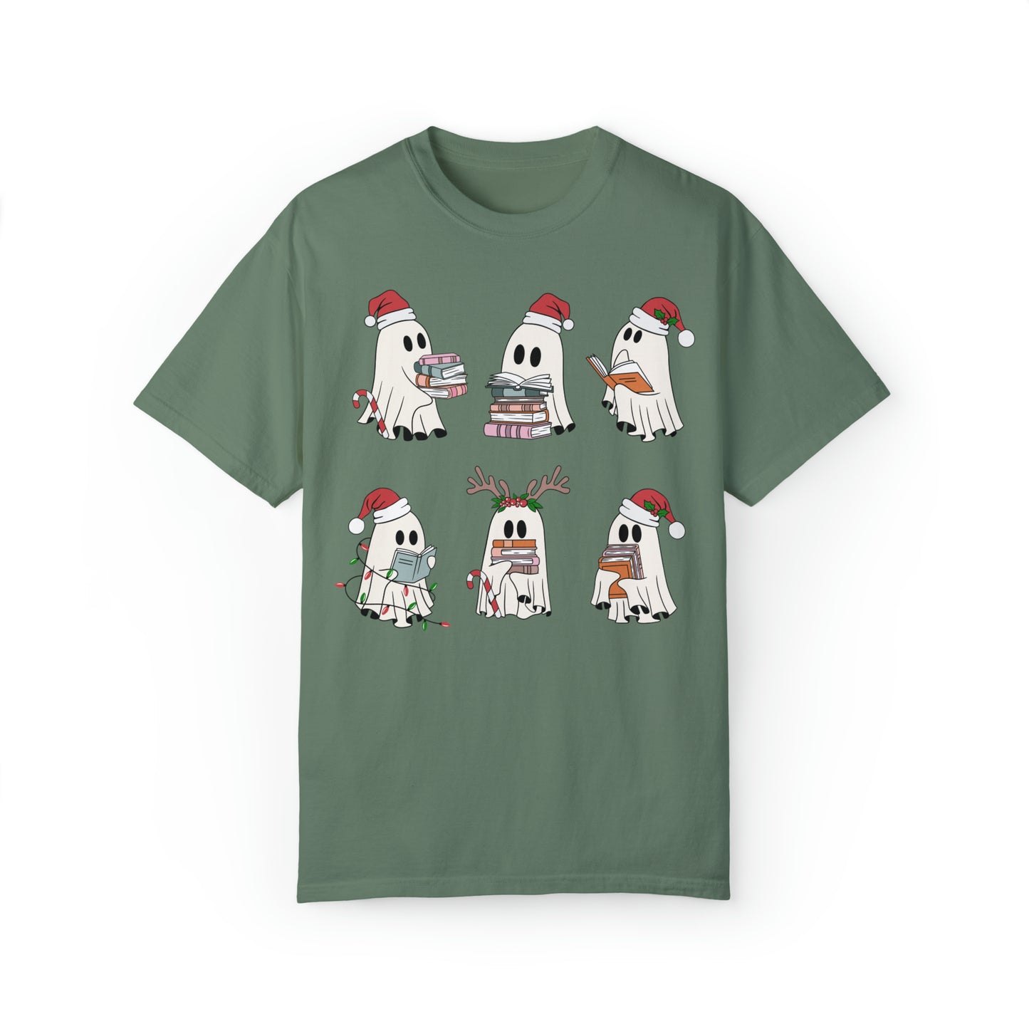 Santa Cute Ghost Reading Christmas Holiday Book Lover Unisex Garment-Dyed T-shirt