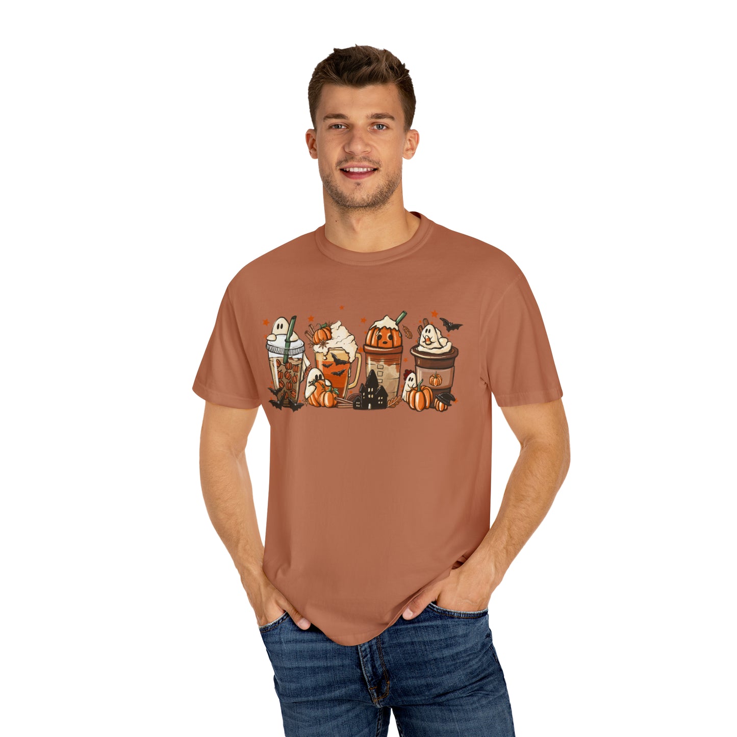 Boo Fall Coffee Latte featuring Ghosts, Bats, and Pumpkins Halloween Comfort Colors Unisex Garment-Dyed T-shirt