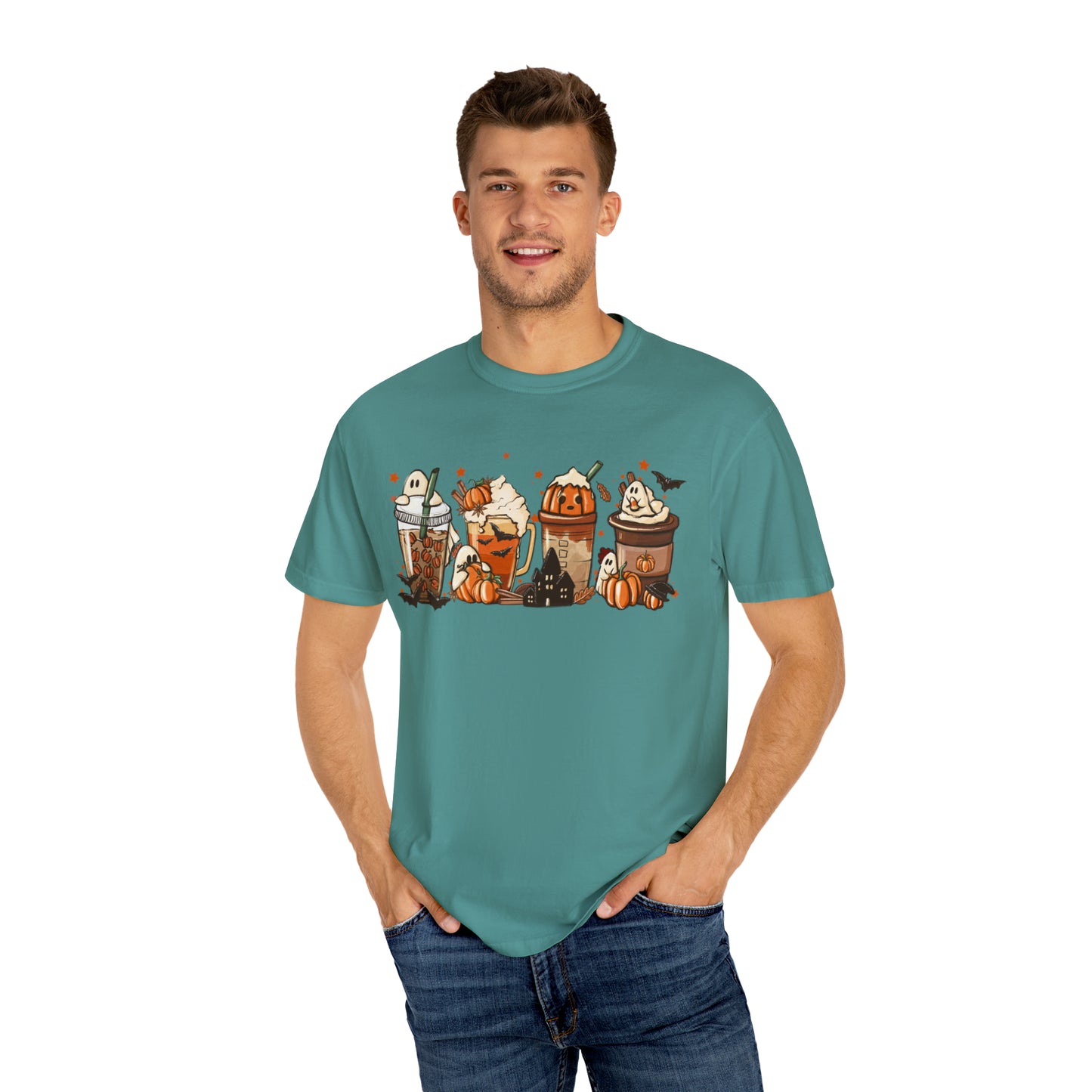 Boo Fall Coffee Latte featuring Ghosts, Bats, and Pumpkins Halloween Comfort Colors Unisex Garment-Dyed T-shirt
