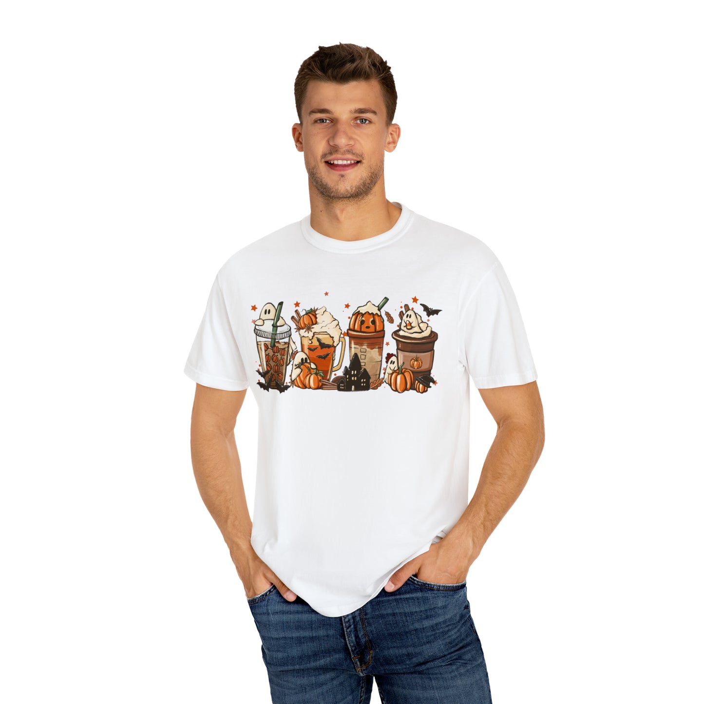 Boo Fall Coffee Latte featuring Ghosts, Bats, and Pumpkins Halloween Comfort Colors Unisex Garment-Dyed T-shirt