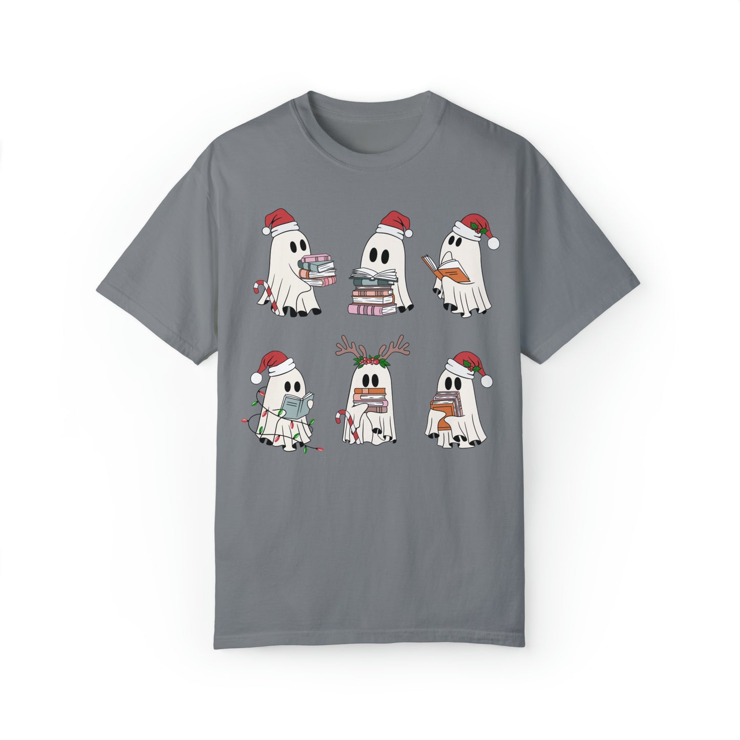 Santa Cute Ghost Reading Christmas Holiday Book Lover Unisex Garment-Dyed T-shirt
