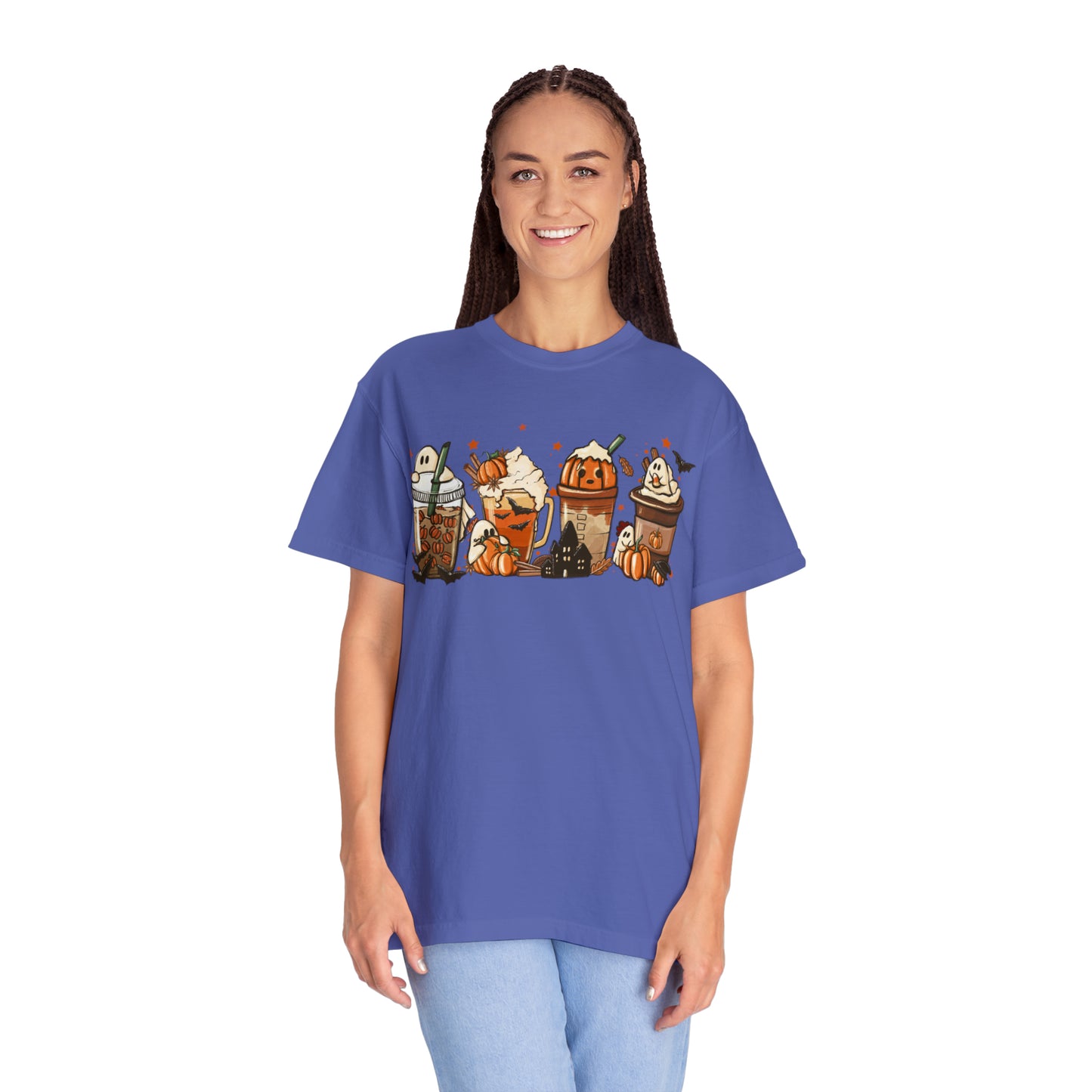 Boo Fall Coffee Latte featuring Ghosts, Bats, and Pumpkins Halloween Comfort Colors Unisex Garment-Dyed T-shirt