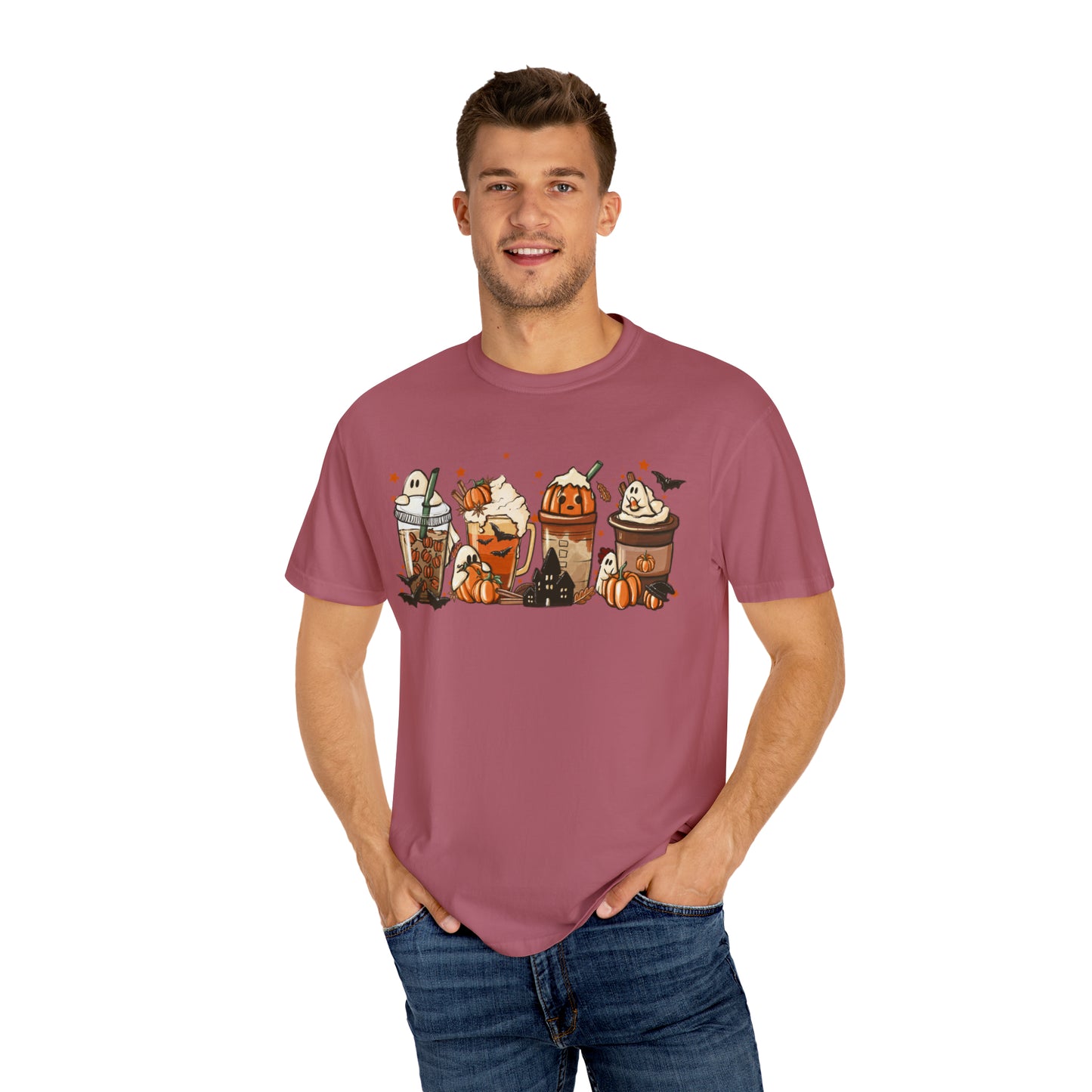 Boo Fall Coffee Latte featuring Ghosts, Bats, and Pumpkins Halloween Comfort Colors Unisex Garment-Dyed T-shirt