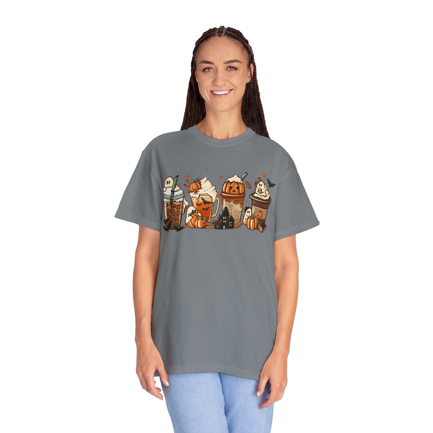 Boo Fall Coffee Latte featuring Ghosts, Bats, and Pumpkins Halloween Comfort Colors Unisex Garment-Dyed T-shirt