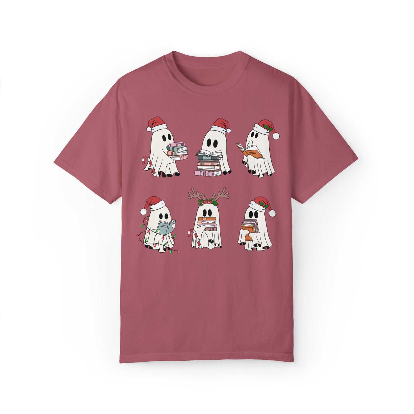 Santa Cute Ghost Reading Christmas Holiday Book Lover Unisex Garment-Dyed T-shirt