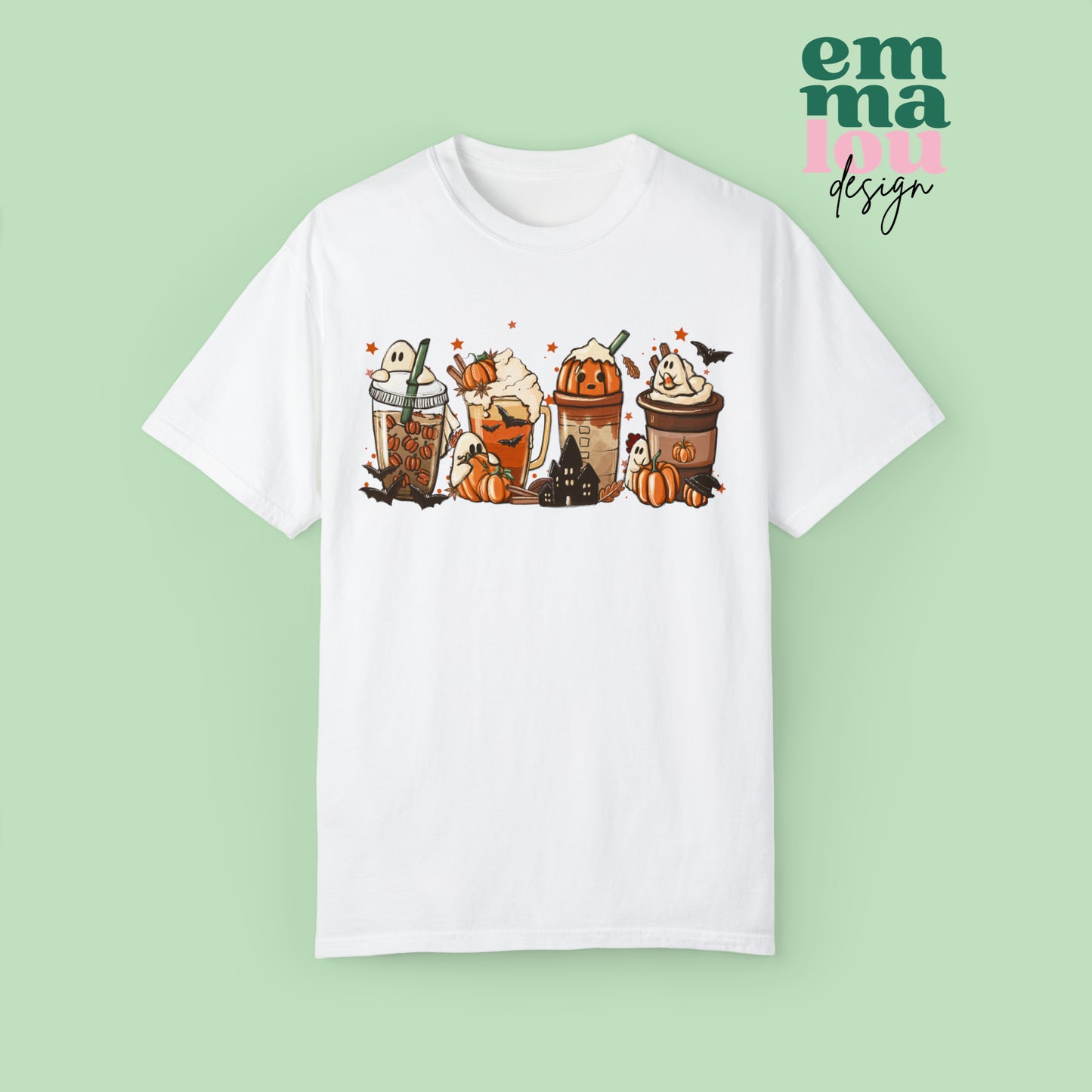 Boo Fall Coffee Latte featuring Ghosts, Bats, and Pumpkins Halloween Comfort Colors Unisex Garment-Dyed T-shirt