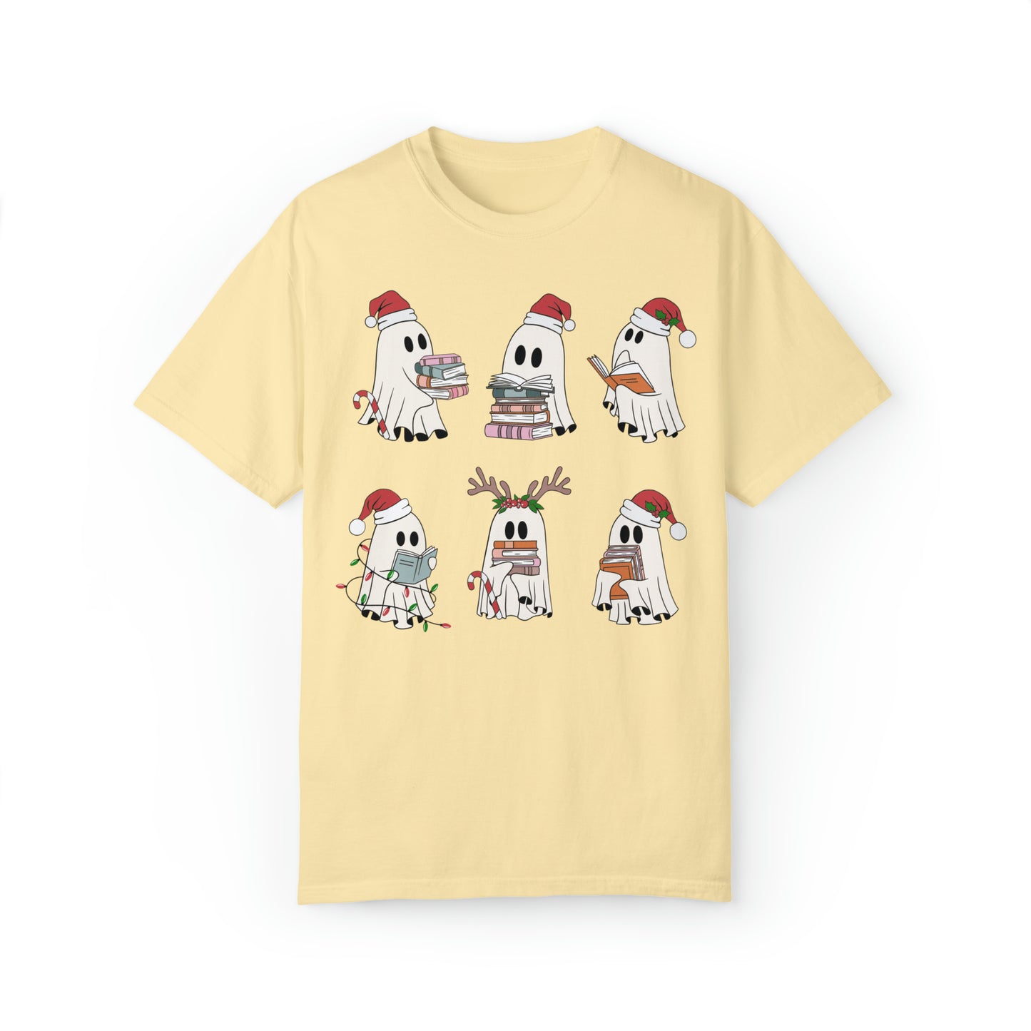 Santa Cute Ghost Reading Christmas Holiday Book Lover Unisex Garment-Dyed T-shirt
