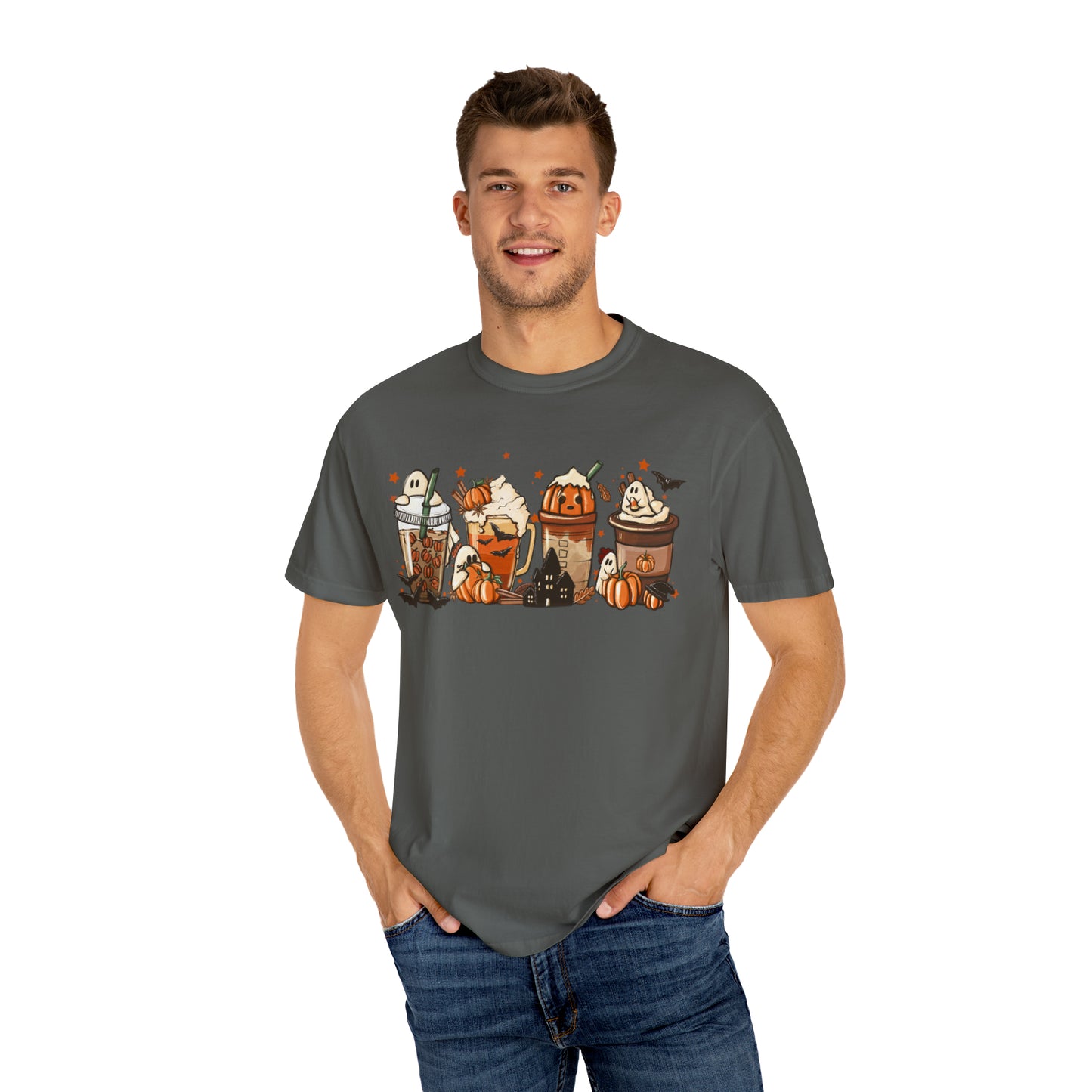 Boo Fall Coffee Latte featuring Ghosts, Bats, and Pumpkins Halloween Comfort Colors Unisex Garment-Dyed T-shirt
