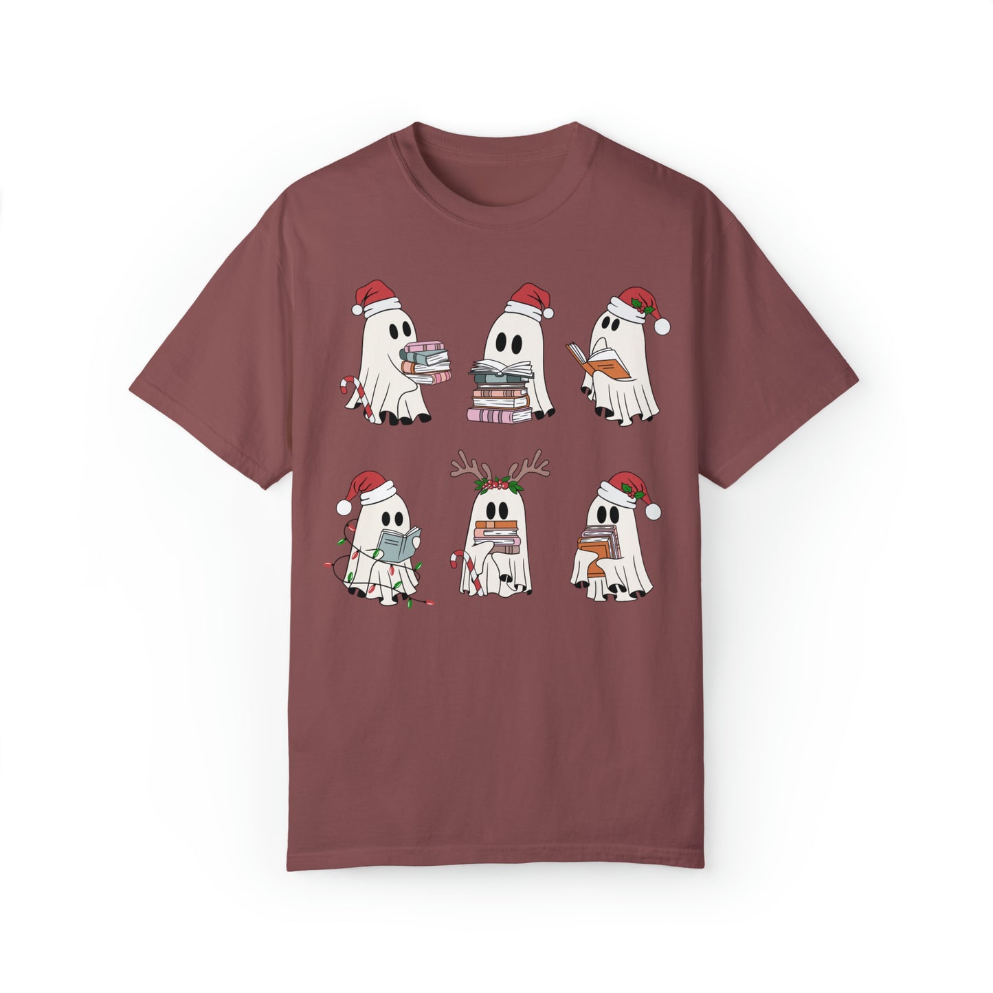 Santa Cute Ghost Reading Christmas Holiday Book Lover Unisex Garment-Dyed T-shirt