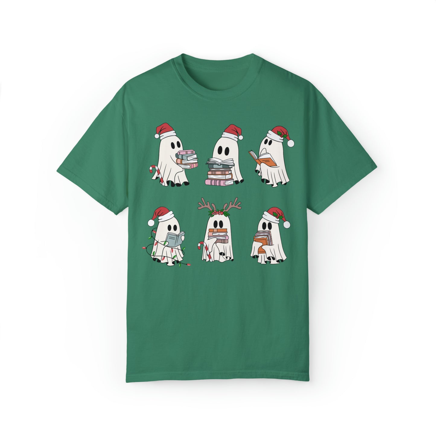 Santa Cute Ghost Reading Christmas Holiday Book Lover Unisex Garment-Dyed T-shirt