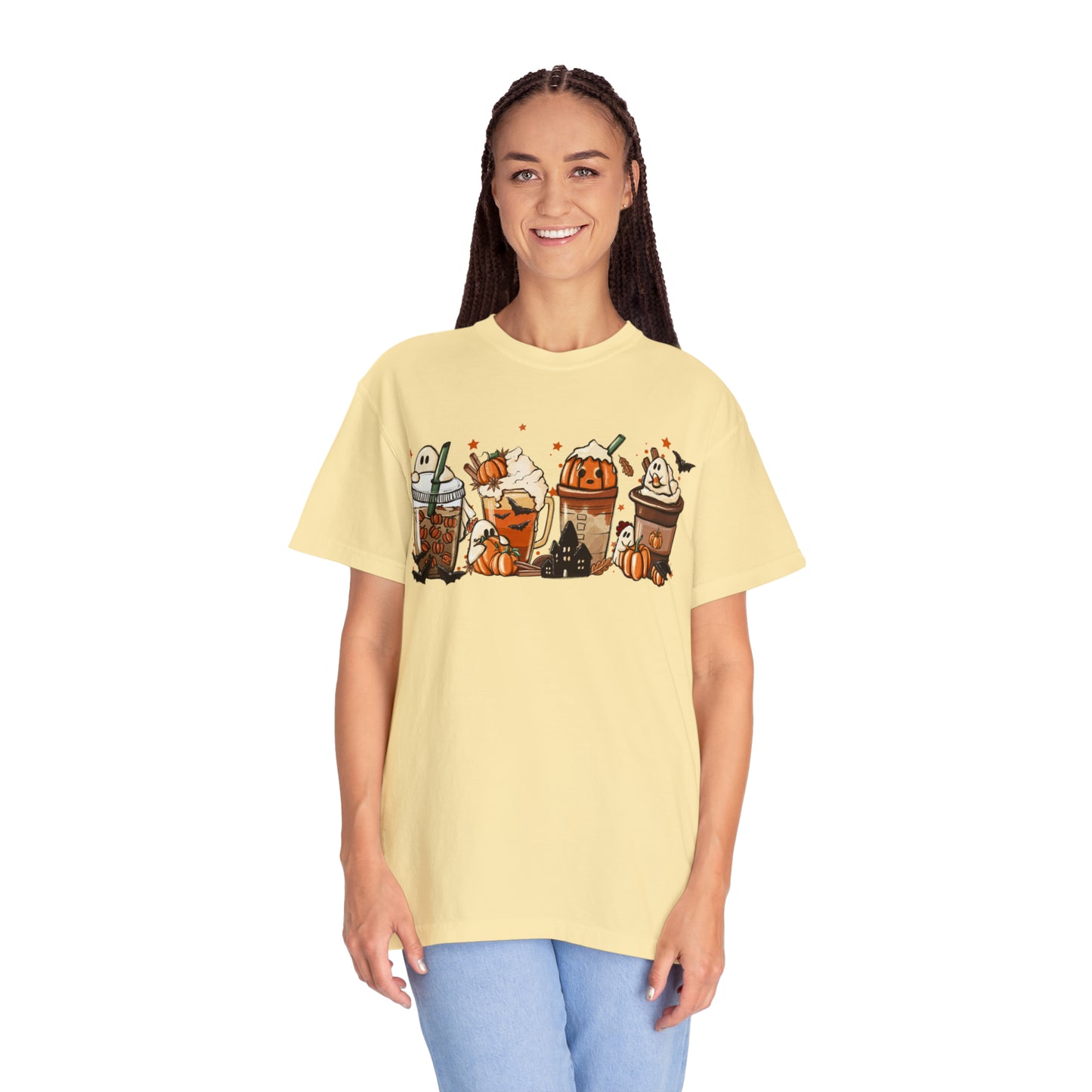 Boo Fall Coffee Latte featuring Ghosts, Bats, and Pumpkins Halloween Comfort Colors Unisex Garment-Dyed T-shirt