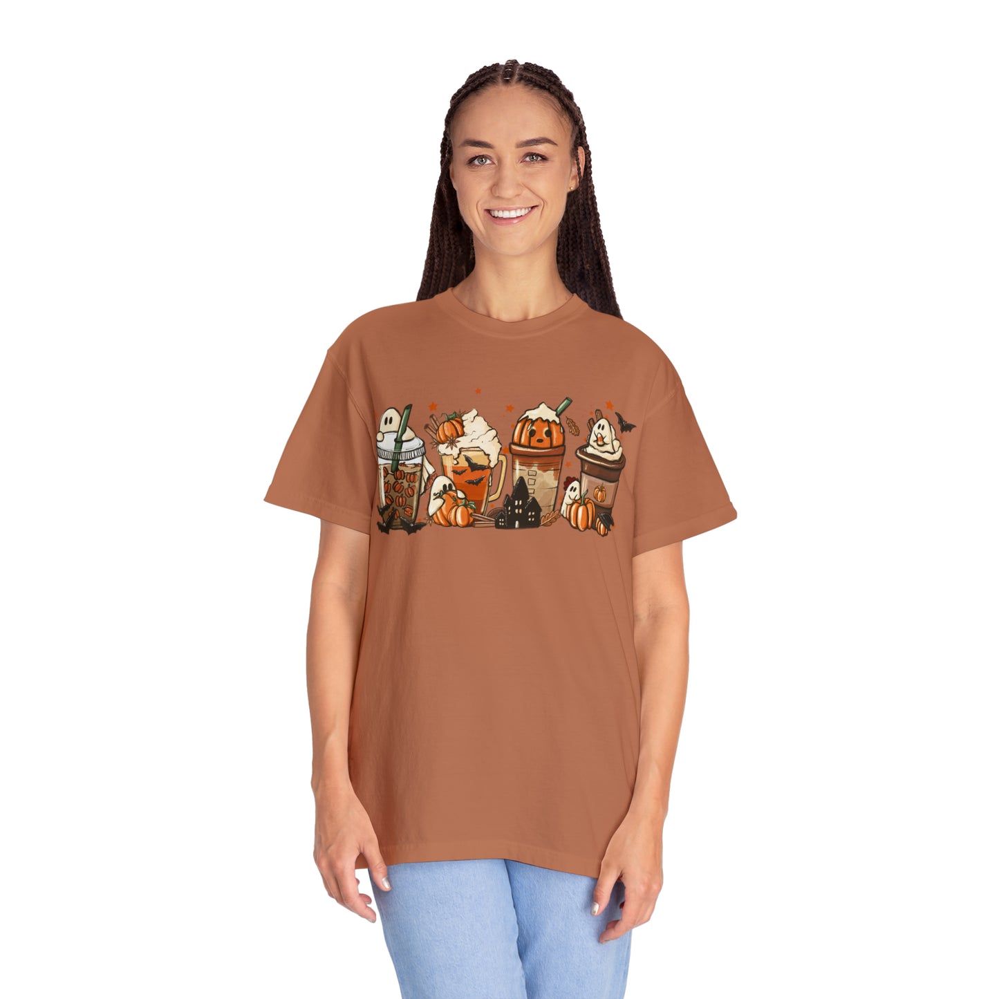 Boo Fall Coffee Latte featuring Ghosts, Bats, and Pumpkins Halloween Comfort Colors Unisex Garment-Dyed T-shirt