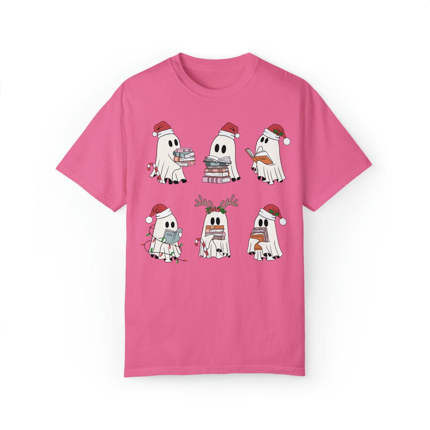 Santa Cute Ghost Reading Christmas Holiday Book Lover Unisex Garment-Dyed T-shirt