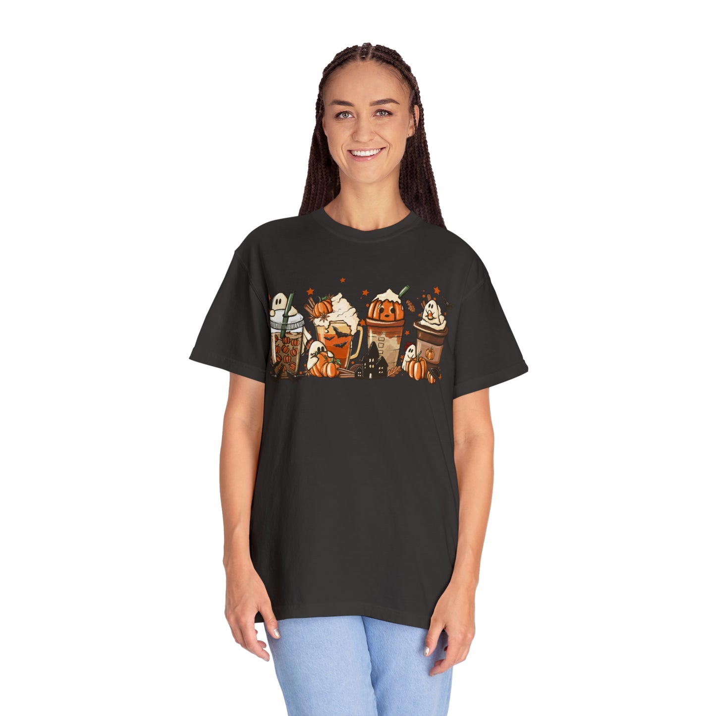 Boo Fall Coffee Latte featuring Ghosts, Bats, and Pumpkins Halloween Comfort Colors Unisex Garment-Dyed T-shirt