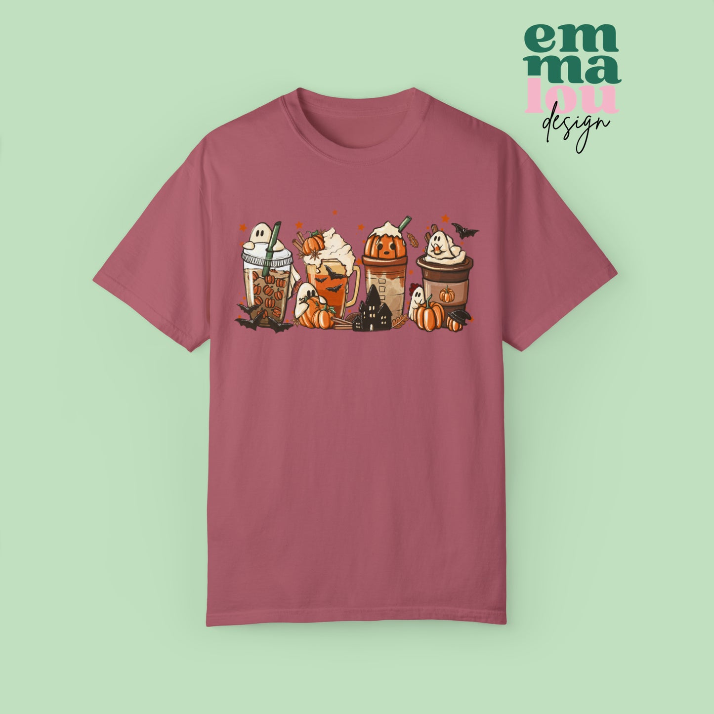Boo Fall Coffee Latte featuring Ghosts, Bats, and Pumpkins Halloween Comfort Colors Unisex Garment-Dyed T-shirt