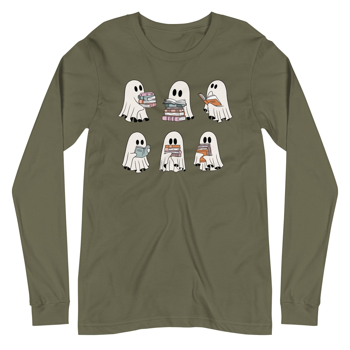 Cute Ghost Reading Halloween Book Lover Unisex Long Sleeve Tee