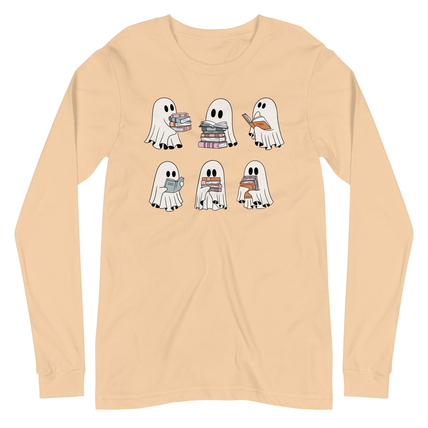Cute Ghost Reading Halloween Book Lover Unisex Long Sleeve Tee