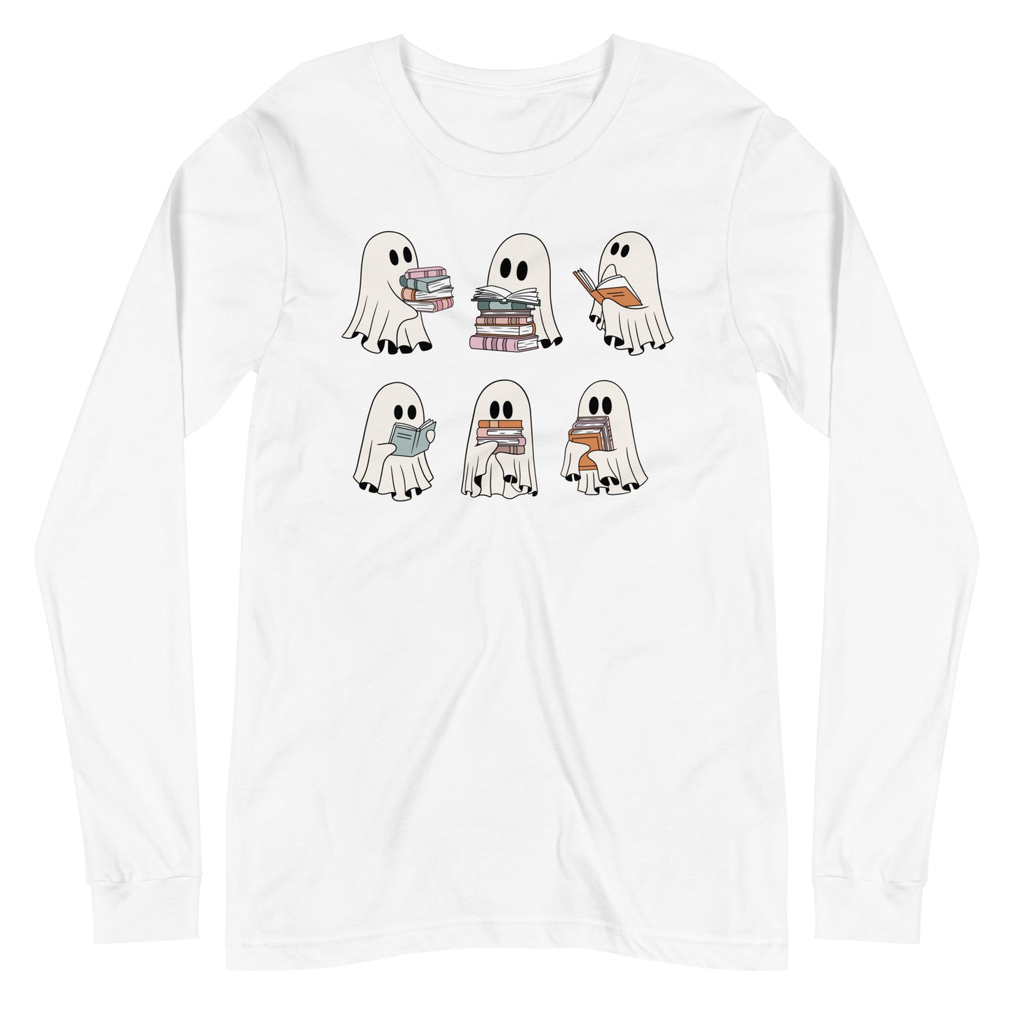 Cute Ghost Reading Halloween Book Lover Unisex Long Sleeve Tee