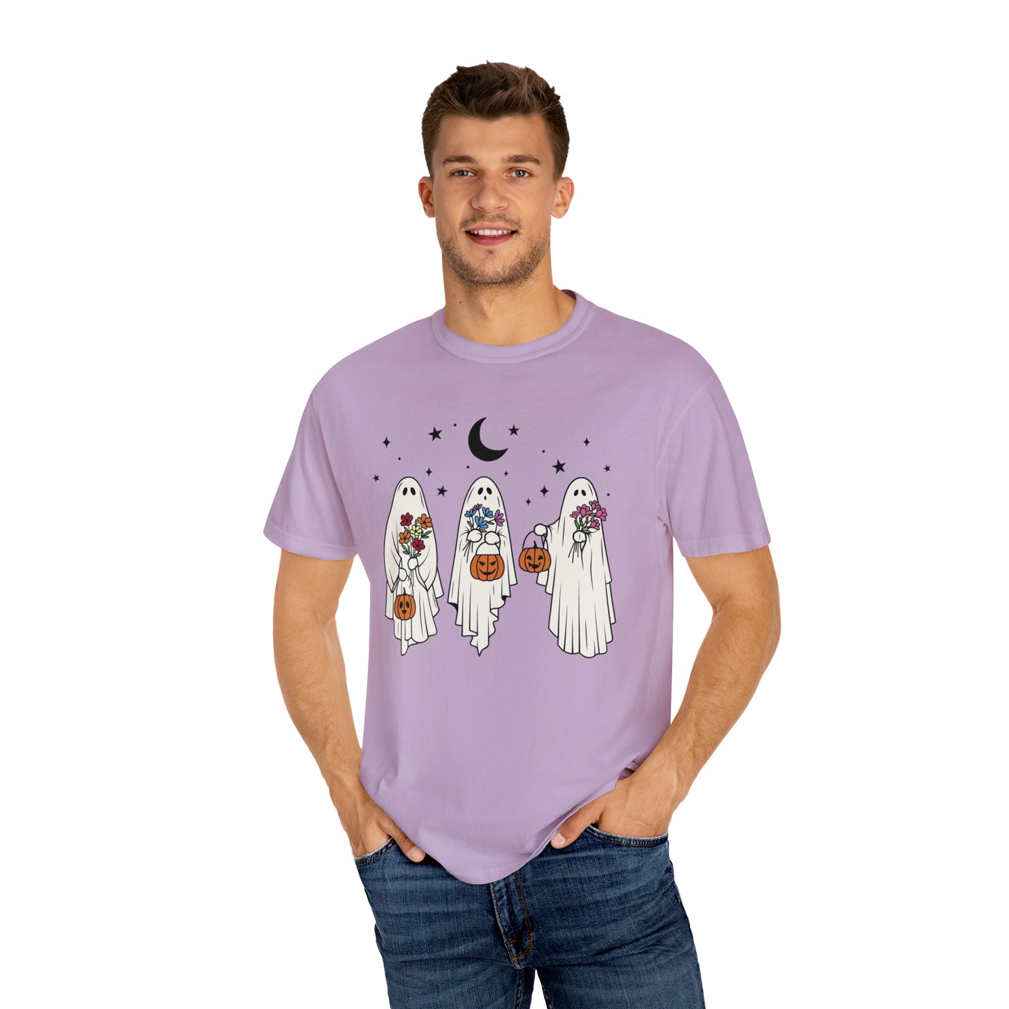 Boho Trick or Treating Ghosts holding Flowers and Pumpkins Comfort Colors Unisex Garment-Dyed T-shirt