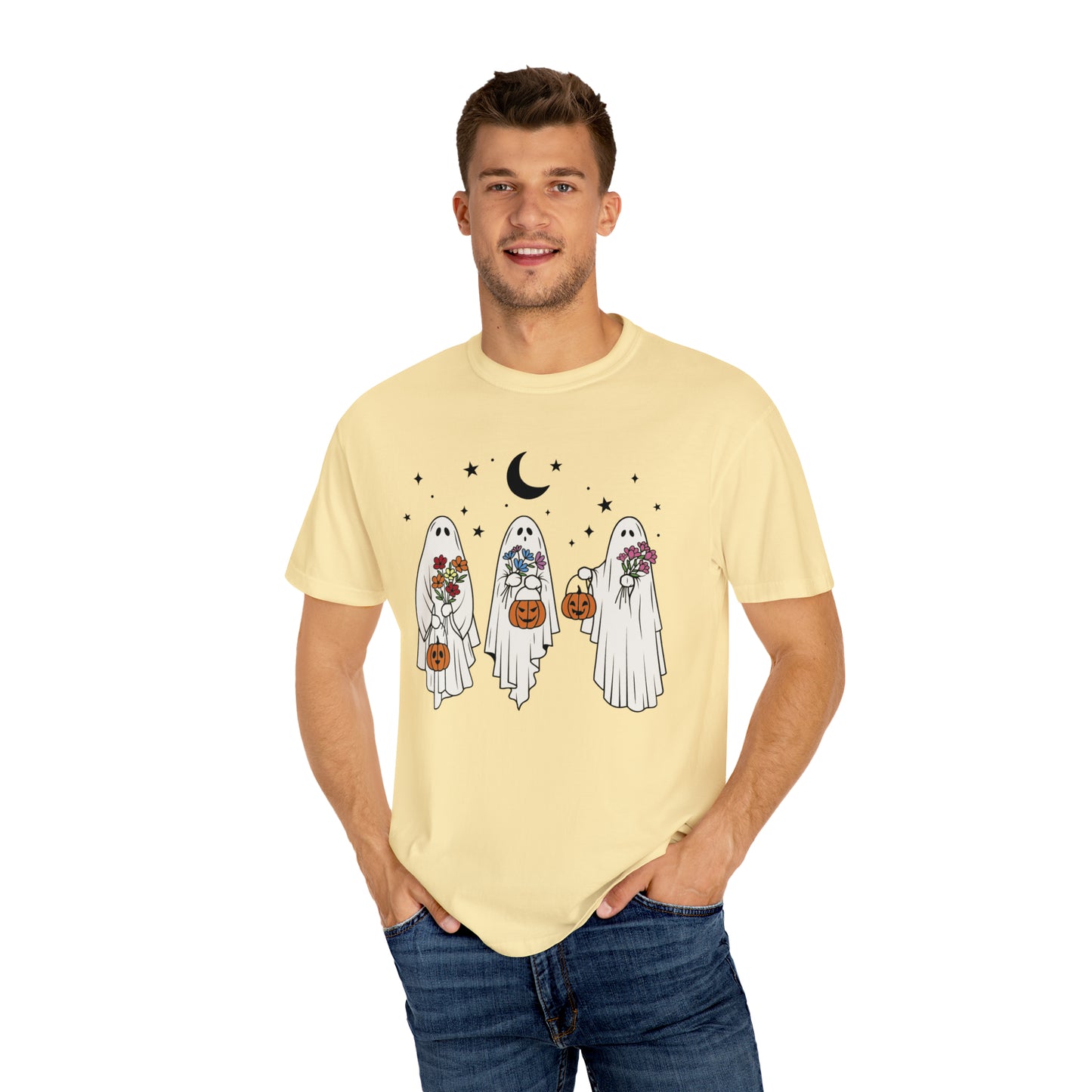 Boho Trick or Treating Ghosts holding Flowers and Pumpkins Comfort Colors Unisex Garment-Dyed T-shirt