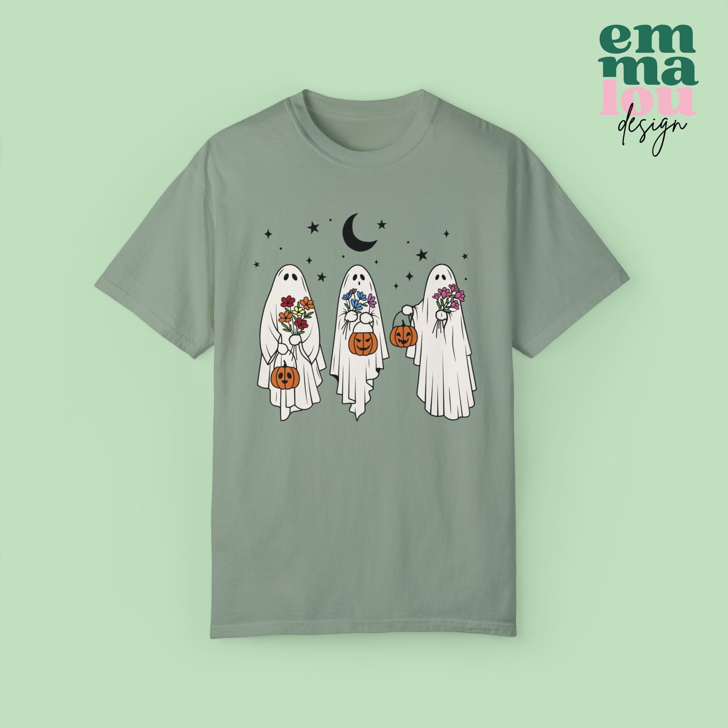 Boho Trick or Treating Ghosts holding Flowers and Pumpkins Comfort Colors Unisex Garment-Dyed T-shirt