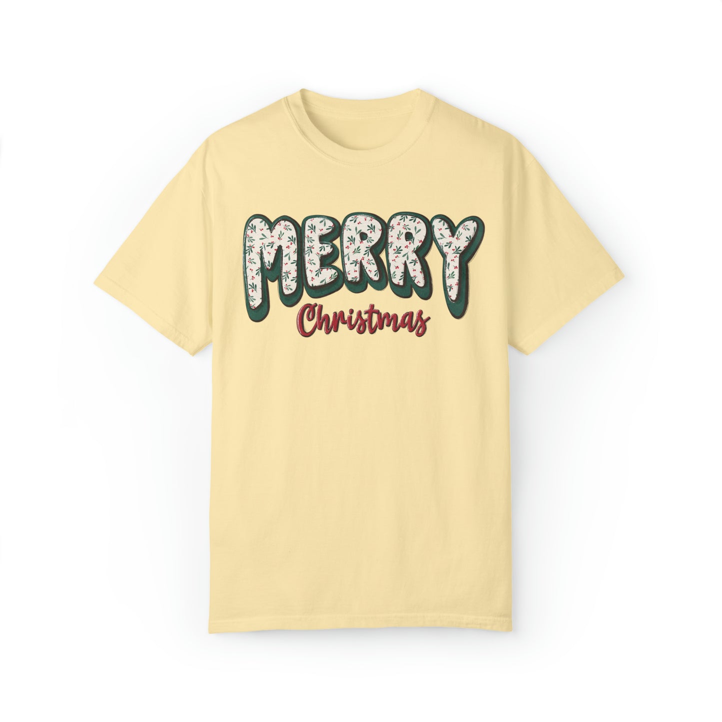 Merry Christmas Winter Floral Pattern Comfort Colors Unisex Garment-Dyed T-shirt