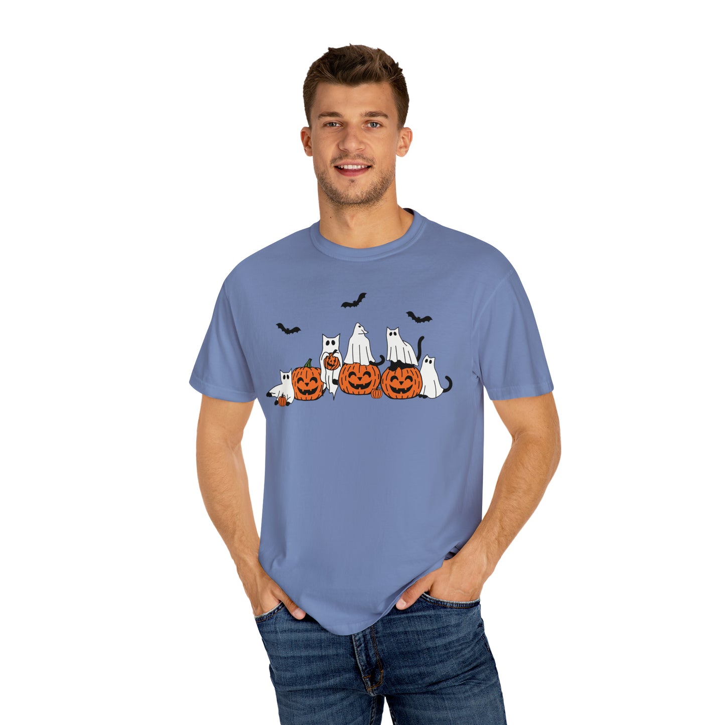 Cat Ghosts Playing on Jack-O-Lantern Pumpkins Halloween Comfort Colors Unisex Garment-Dyed T-shirt