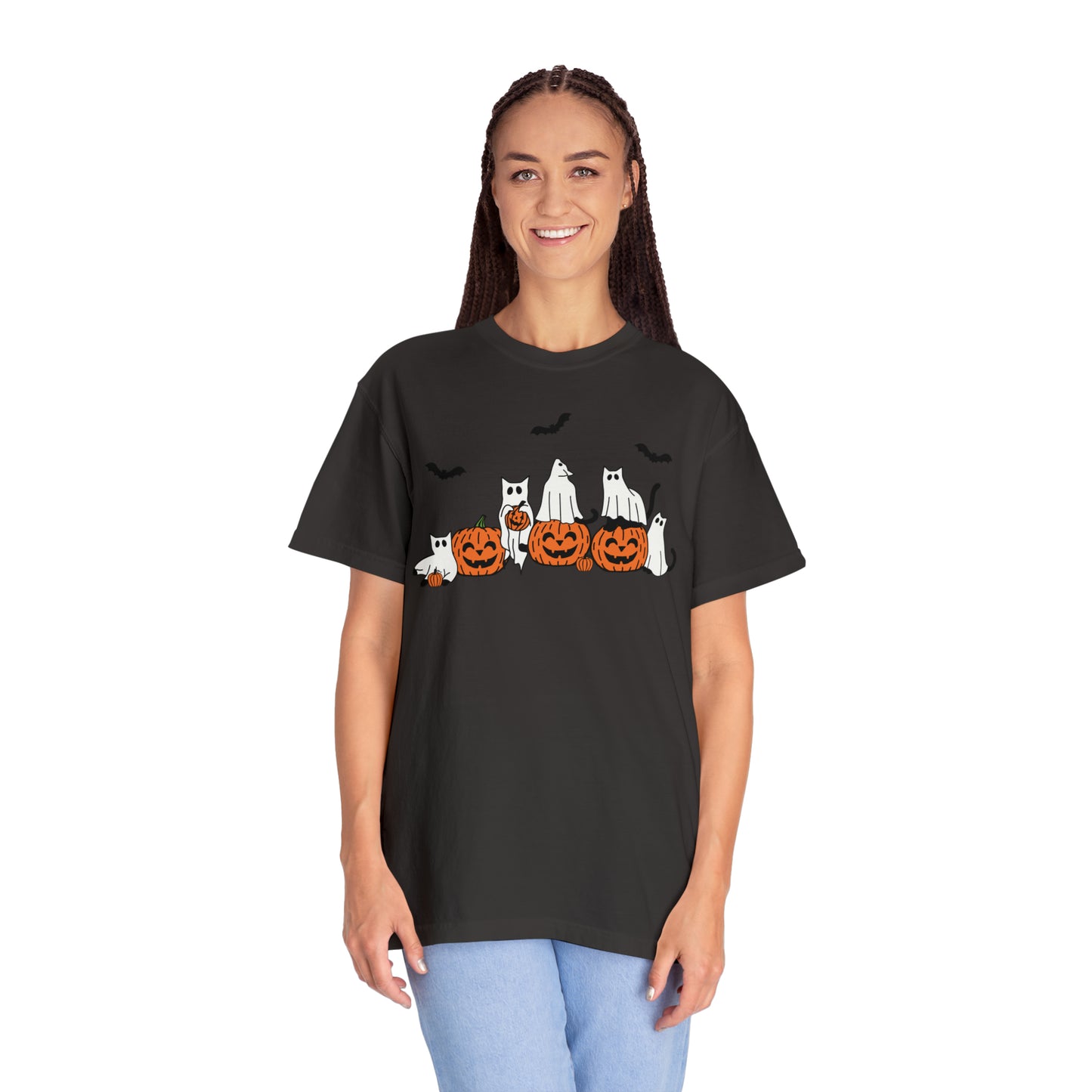 Cat Ghosts Playing on Jack-O-Lantern Pumpkins Halloween Comfort Colors Unisex Garment-Dyed T-shirt