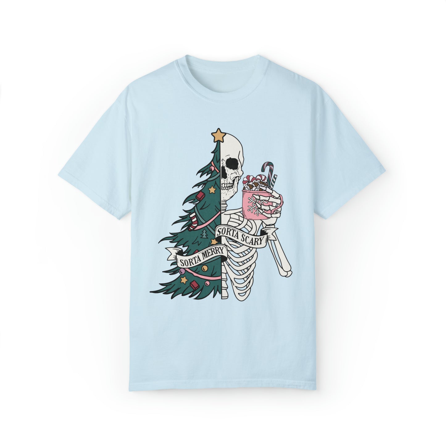 Half Marry, Half Scary Christmas Tree and Skeleton Holiday Unisex Garment-Dyed T-shirt