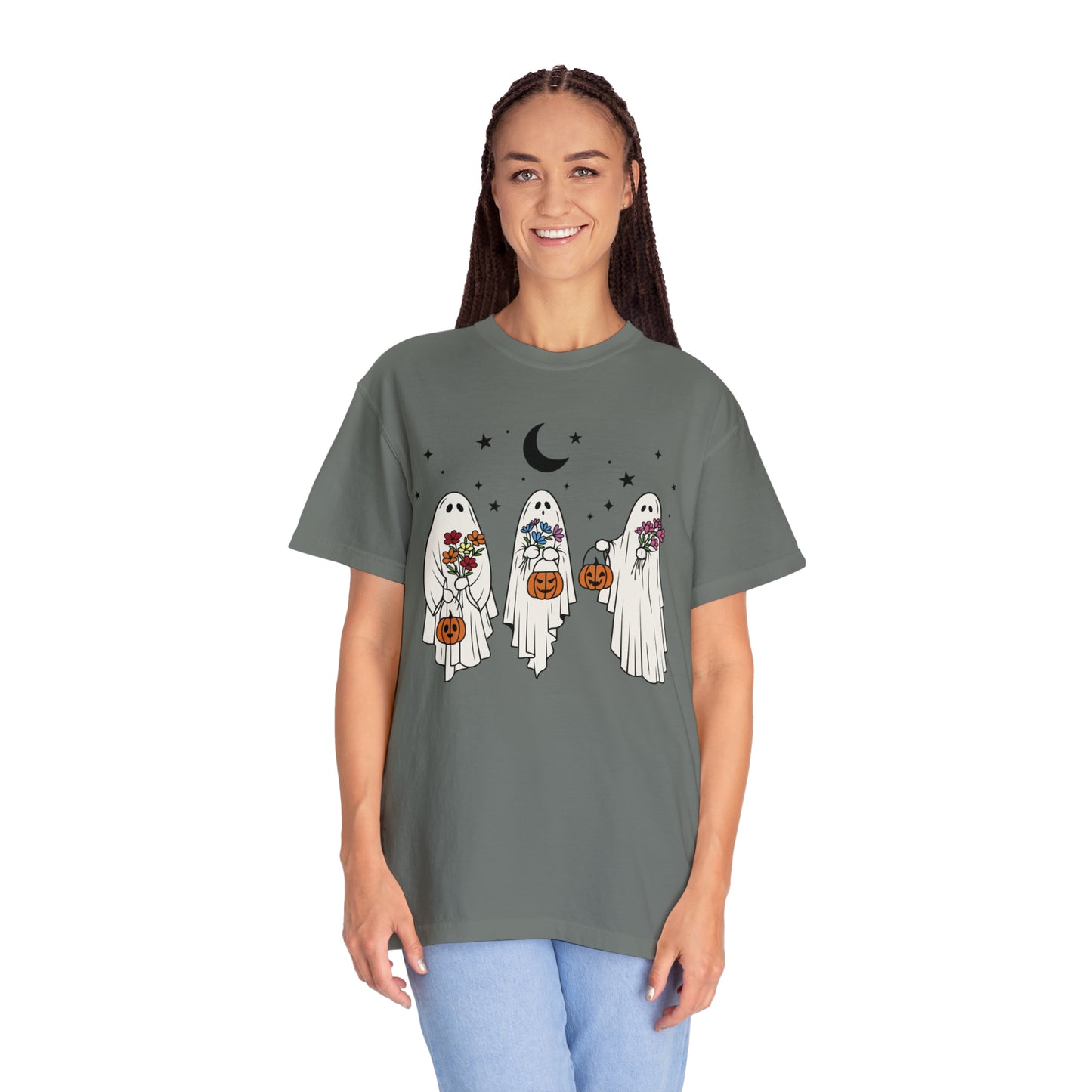 Boho Trick or Treating Ghosts holding Flowers and Pumpkins Comfort Colors Unisex Garment-Dyed T-shirt